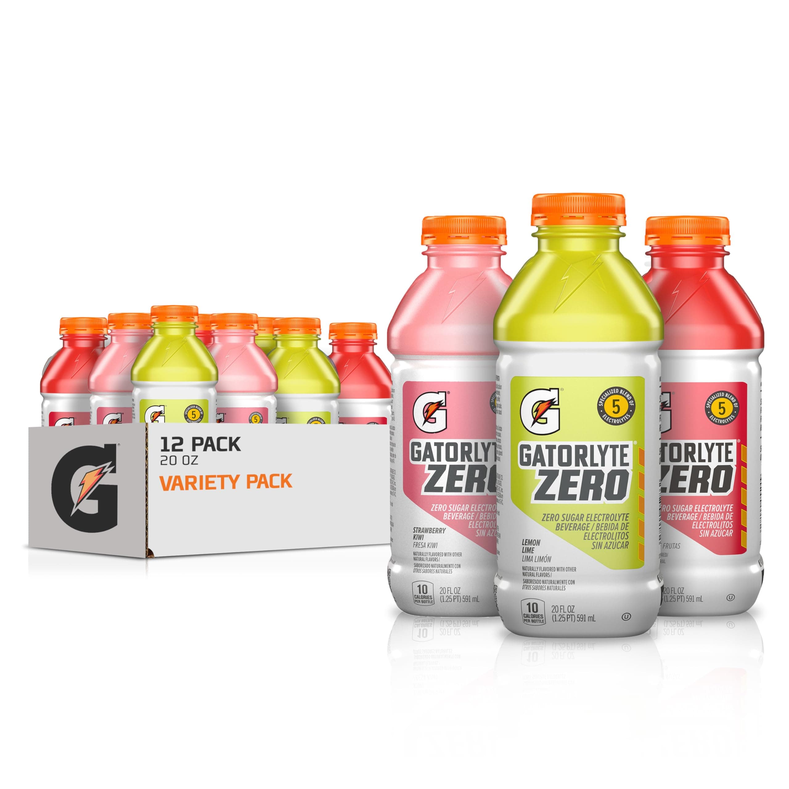 Gatorlyte Zero Rehydration Electrolyte Drink, 3 Flavor Variety Pack, Specialized Blend of 5 Electrolytes, Zero Sugar, No Artificial Sweeteners or Artificial Flavors, 20 fl oz Bottles (12 Pack)