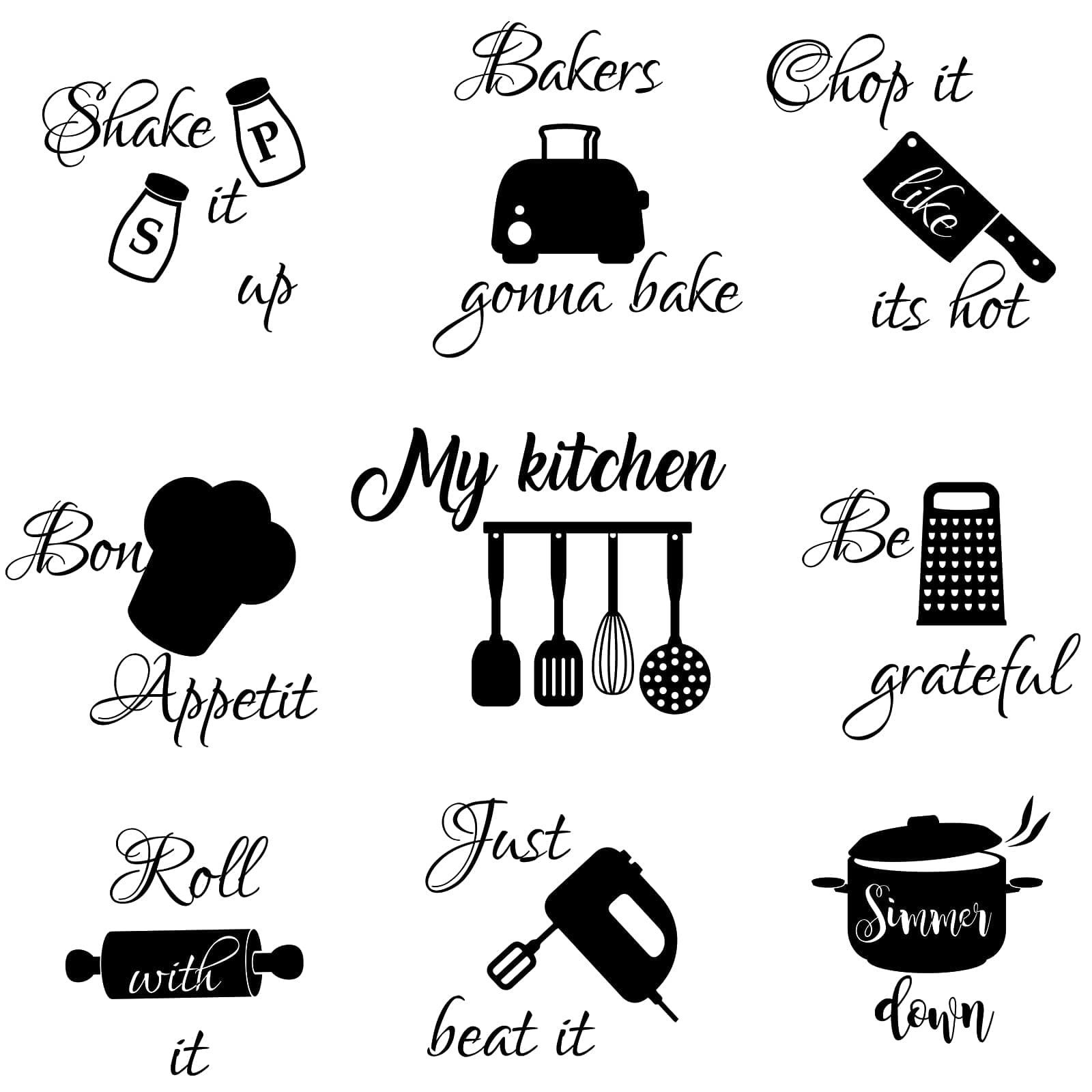 3 Pcs Kitchen Wall Stickers Kitchen Quotes Wall Decals with Funny Lettering Vinyl Fun Utensils Sticker Peel and Stick Arts for Fridge Restaurant Bar Home Decoration