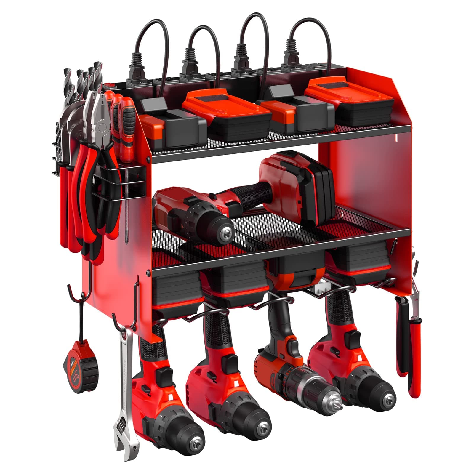 Modular Power Tool Organizer Wall Mount with Charging Station. Garage Drill Storage Shelf with Hooks, Heavy Duty Rack, Tool Battery Holder Built in 8 Outlet. Gift for Men. Red, 1 Pack.