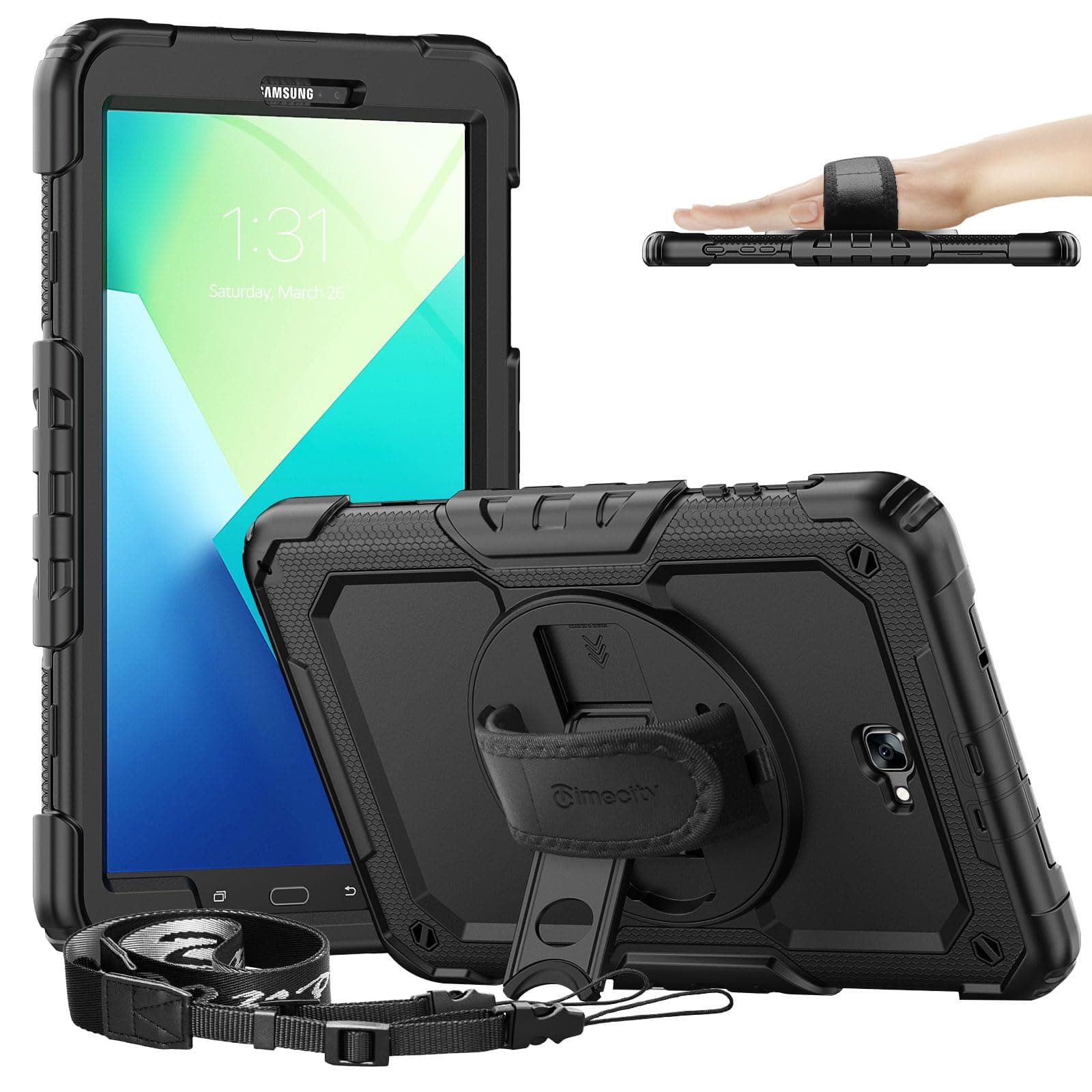 Galaxy Tab A 10.1 Case,SXTech Shockproof, 360 Degree Rotation Kickstand, Hand Strap,Shoulder Strip to Hang in Car Seat.Built-in Screen Protector case for Samsung 2018 SM-T580 T585 T587 Tablet-Black