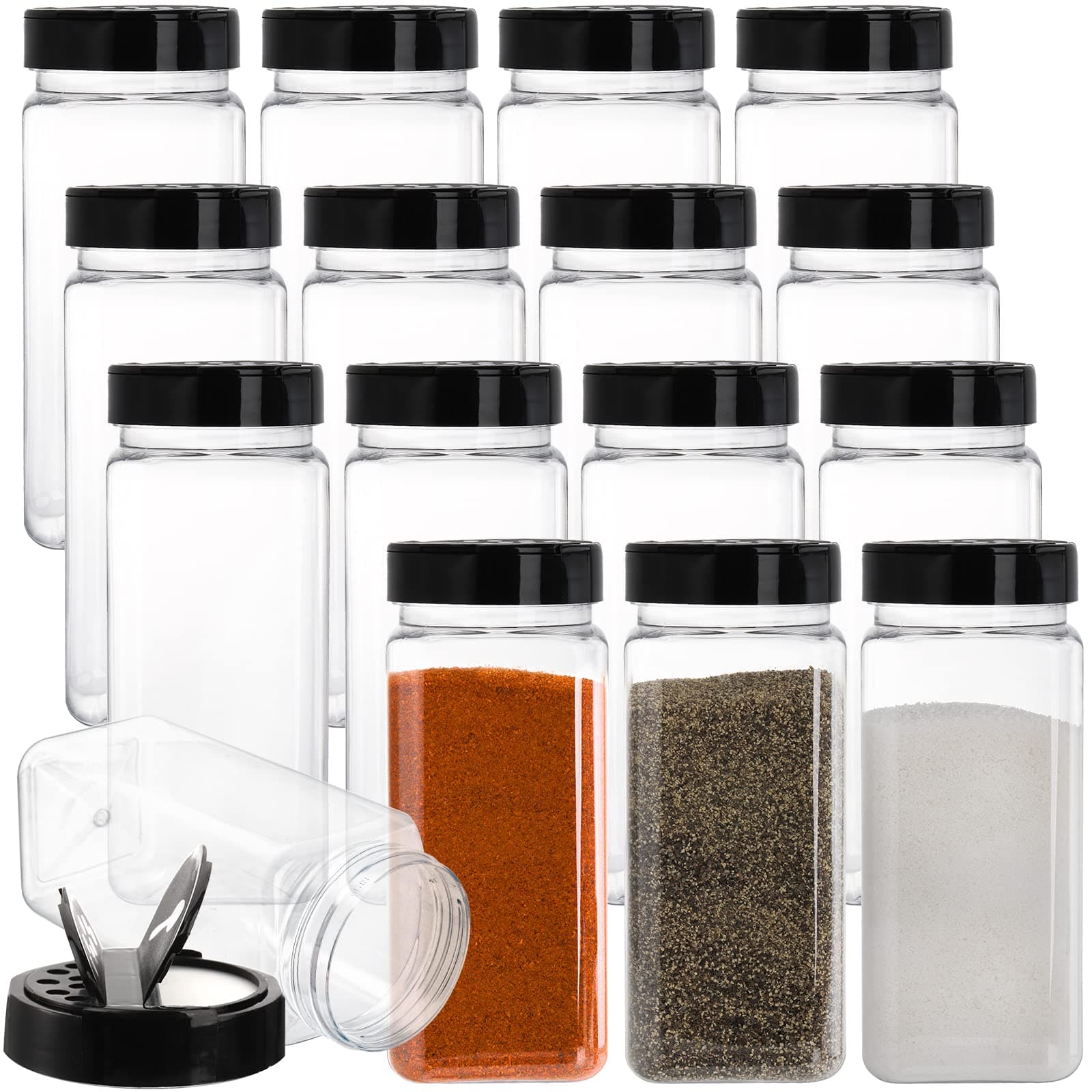 Hacaroa 16 Pack 600 ml Plastic Spice Jars with Shaker/Pourer Lids, Square Empty Seasoning Containers Clear Spice Bottles for Dry Food, Condiments, Herbs, Powders