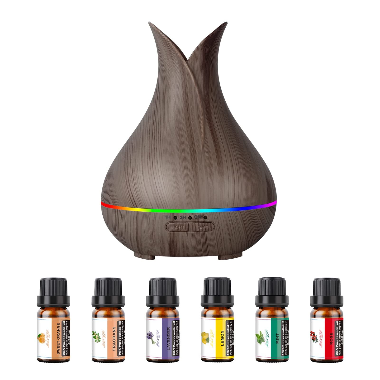 Grevol Essential Oil Diffuser with 6 Essential Oils Set, 150ml Small Cute Aroma Diffuser with 15 Color LED Light&3 Times, Ultra-Quiet Aromatherapy Diffusers for Home Bedroom(Dark Wood) BH-L