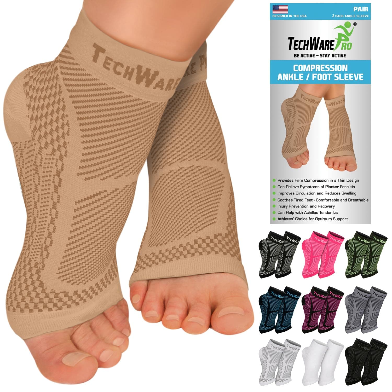 TechWare Pro Ankle Brace Compression Sleeve - Relieves Achilles Tendonitis, Joint Pain. Plantar Fasciitis Foot Sock with Arch Support Reduces Swelling & Heel Spur Pain. (Beige, L/XL)
