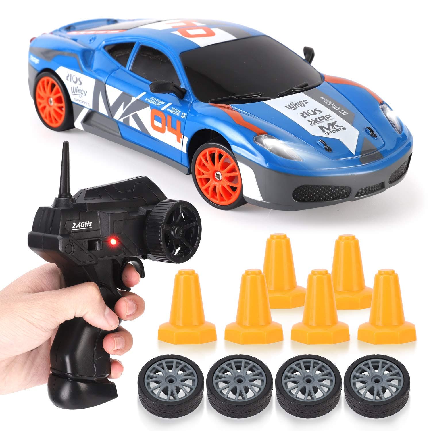 RC Drift Car 1/24 2.4GHz 4WD Remote Control Sport Racing On-Road Vehicle with LED Light, Batteries and Drift Tires (Blue 460)