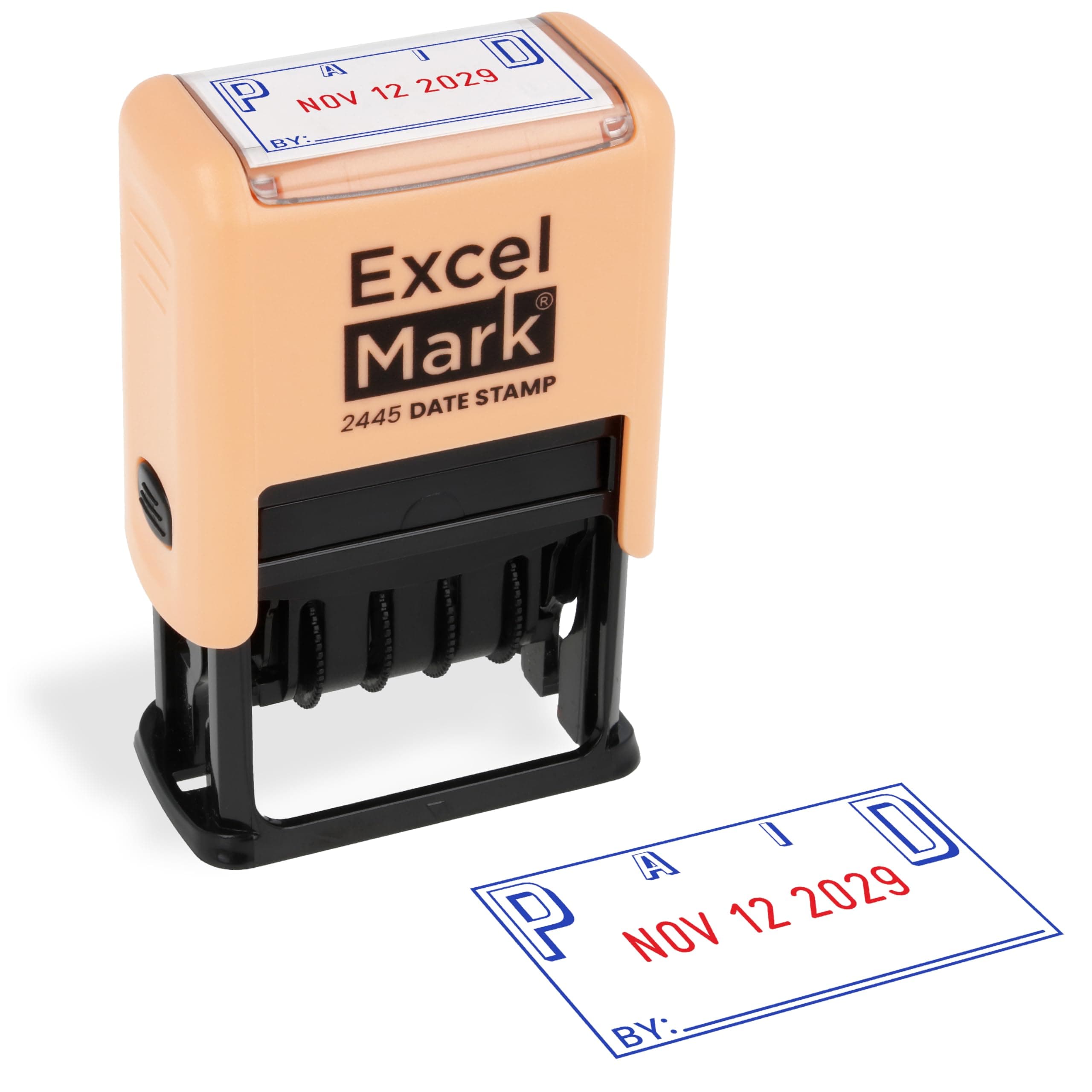 ExcelMark 2445 Date Stamp with Text - Blue and Red Ink (Peach Mount, Paid)