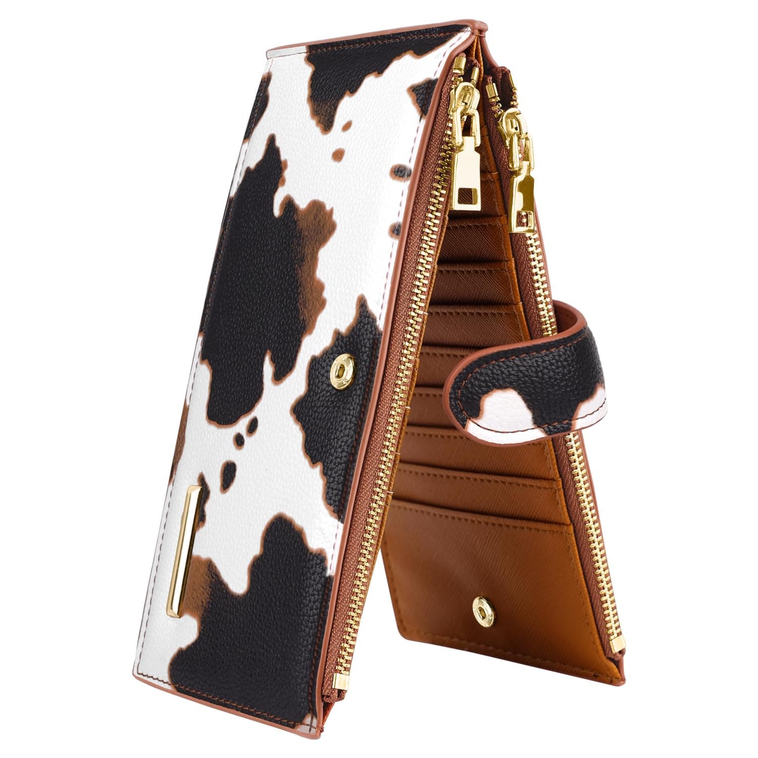 Womens RFID Blocking Glitter Leather Multi Card Organizer Bifold Black Wallet with Zipper Pocket,Brown Cow