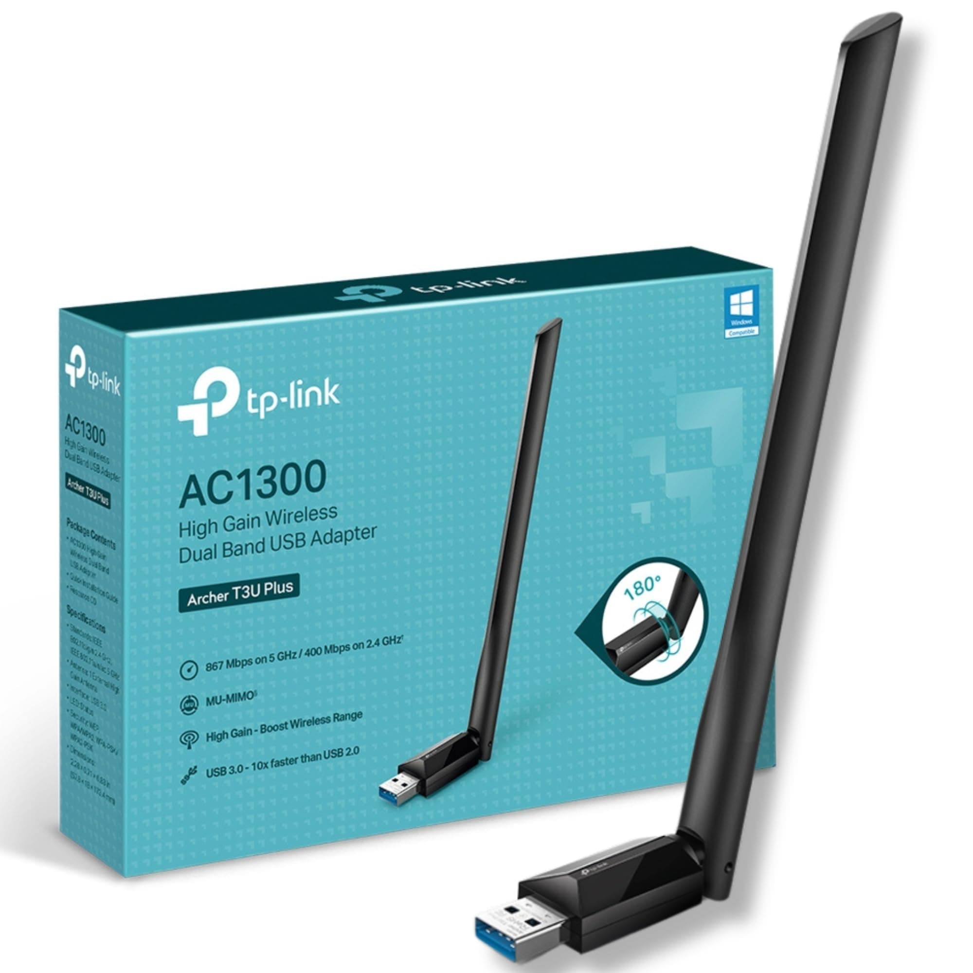 AC1300 High Gain USB 3.0 Wi-Fi Dongle, Dual Band MU-MIMO Wi-Fi Adapter with 5dBi Antenna for PC/Desktop/Laptop, Supports Windows 10/8.1/8/7 (Archer T3U Plus)