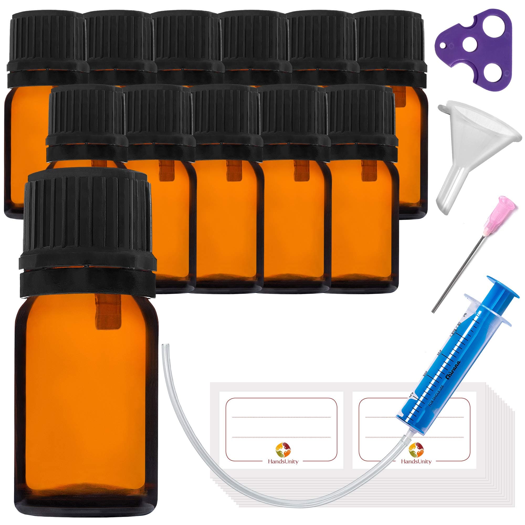 HandsUnity 5ml-12pcs Dropper Insert Bottle Small Amber Glass Bottle – Apothecary Glass with Black Dropper Insert Cap made of Brown Glass set including 30 auxiliary Accessories