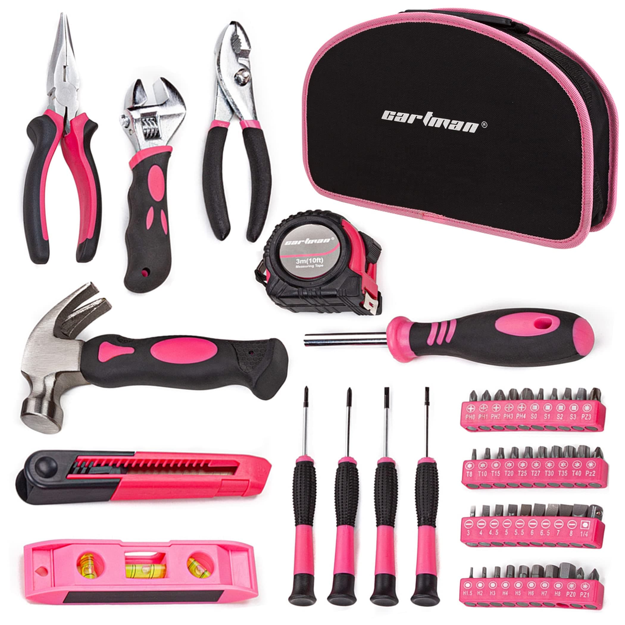 CARTMAN 52-Piece Tool Set Hand Tool Set with Easy Carrying Round Pouch - Perfect for DIY Pink