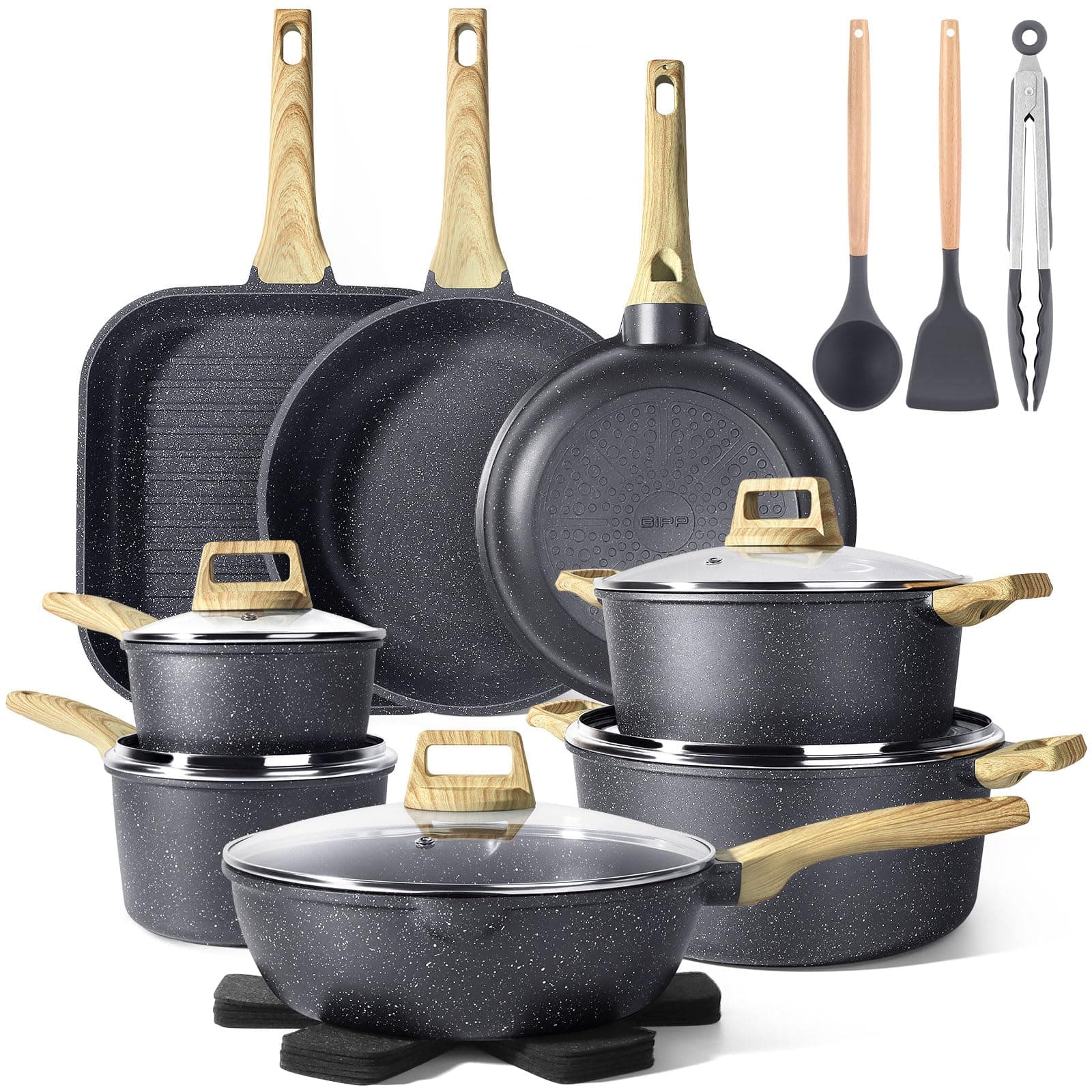 GiPP Pots and Pans Set Non Stick - 21 Pcs Granite Kitchen Cookware Sets Nonstick Induction Cookware Cooking Pan Set with Frying Pans, Saucepans and Silicone Utensils, PFOS & PFOA Free, Gray