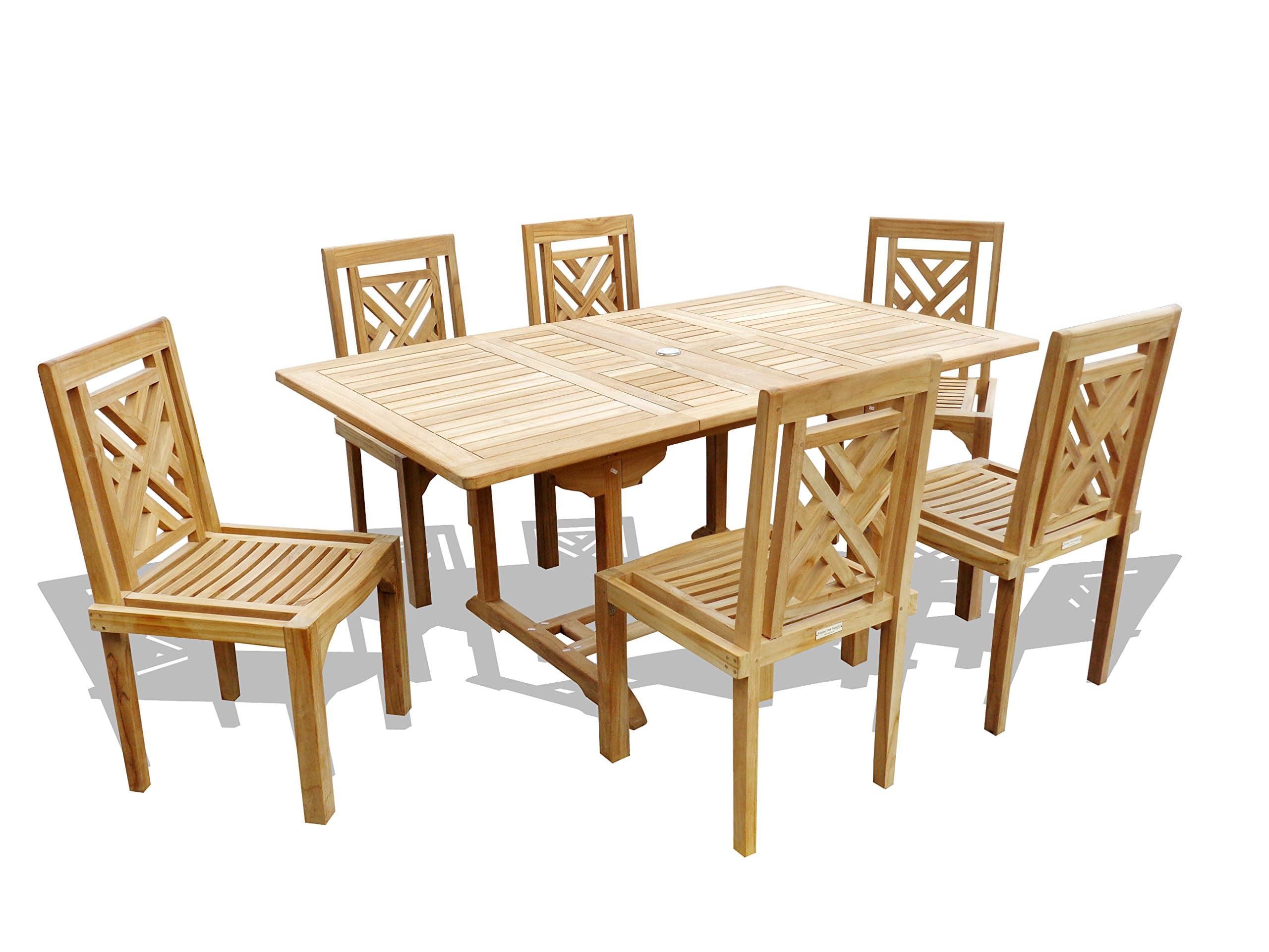 Windsor Premium Grade A Teak 66"x 39" Rectangular Dining Extension Table w/6 Chippendale Stacking Chairs.can seat 8, 5 Yr Wrty, World's Best Outdoor Furniture, Teak Lasts a Lifetime!