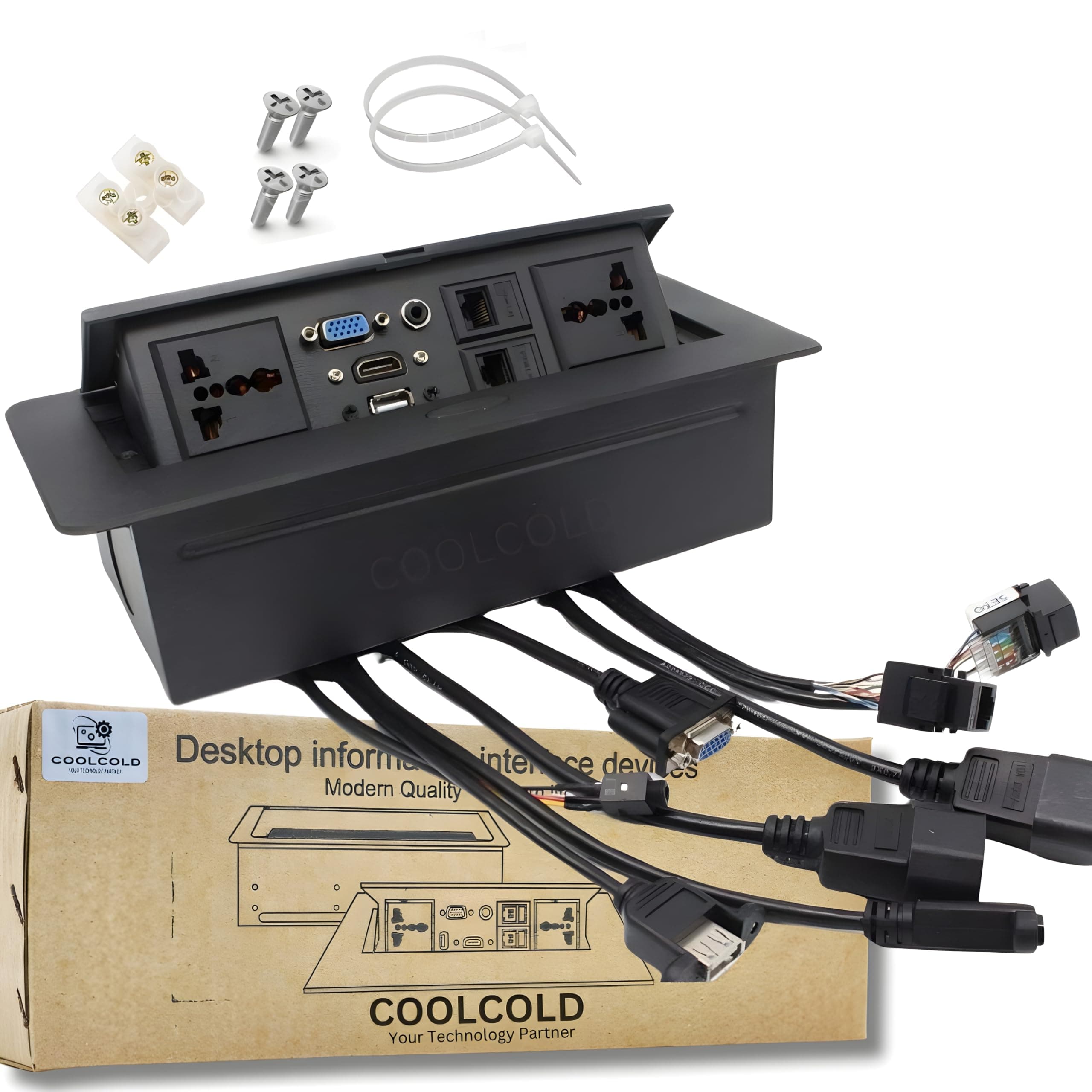 COOLCOLD 10 Module, Hydraulic Cable Cubby, Conference Table Connectivity Solutions, Flip-Top Hidden Desk Module Pop Up Box with HDMI, VGA, Audio, LAN, Power & USB Port (Black) - 1 Year Warranty