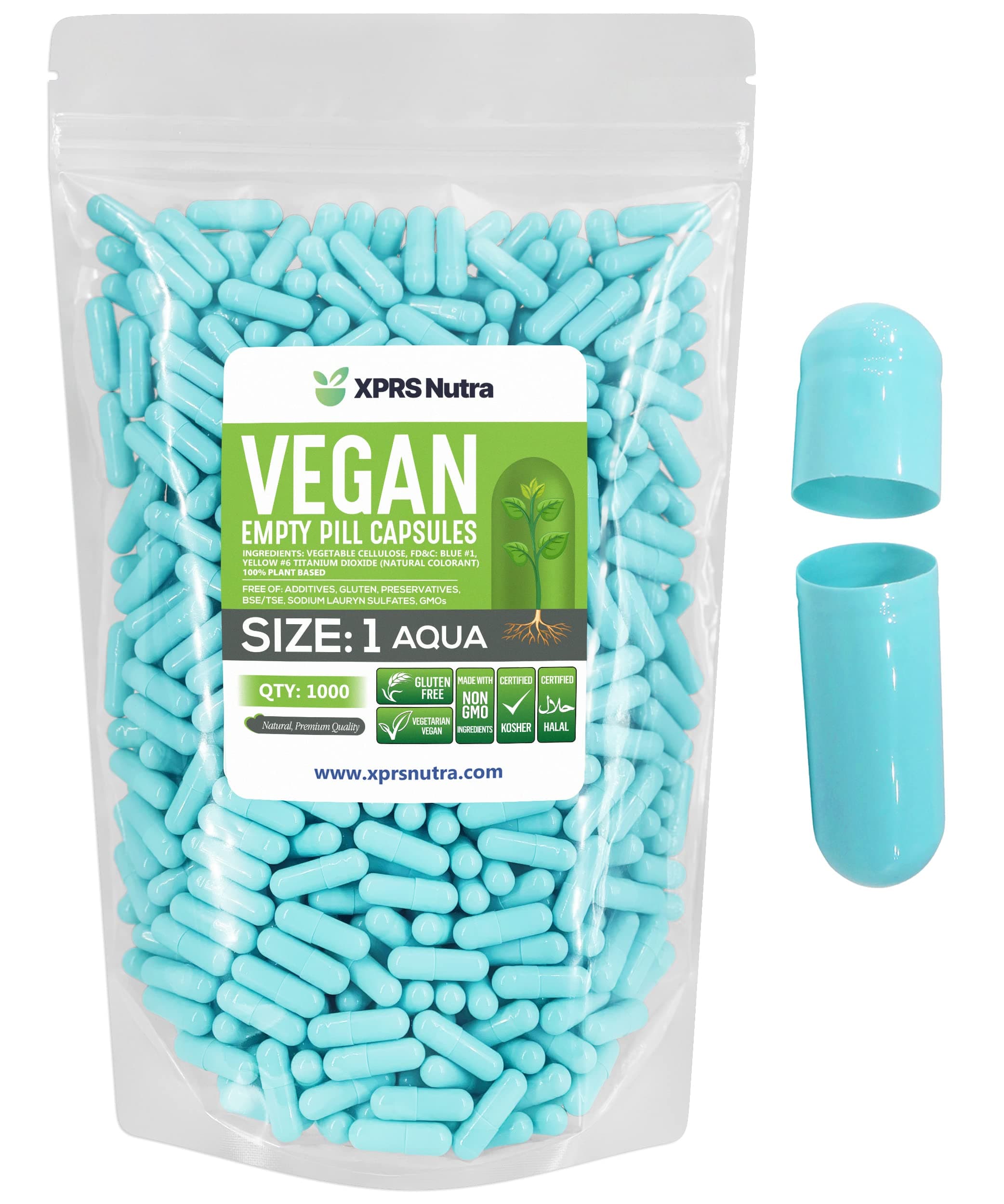 Size 1 Empty Capsules - 1000 Count Empty Vegan Capsules - Vegetarian Pills - DIY Vegetable Capsule Filling- Veggie Pill Caps for Do-It-Yourself Supplements (Aqua)