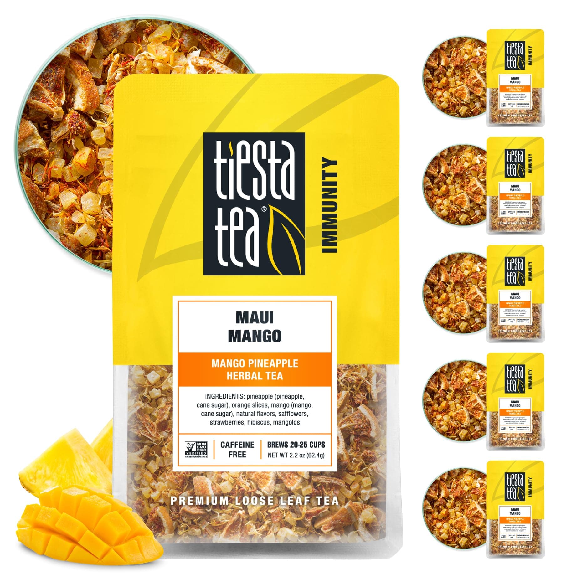 Maui Mango, Loose Leaf, Mango Pineapple Herbal Tea, Premium Non-Caffeinated Fruit Blend, Make Hot or Iced & Brews Up to 25 Cups, 13.2 Ounce Resealable Pouch, Pack of 6