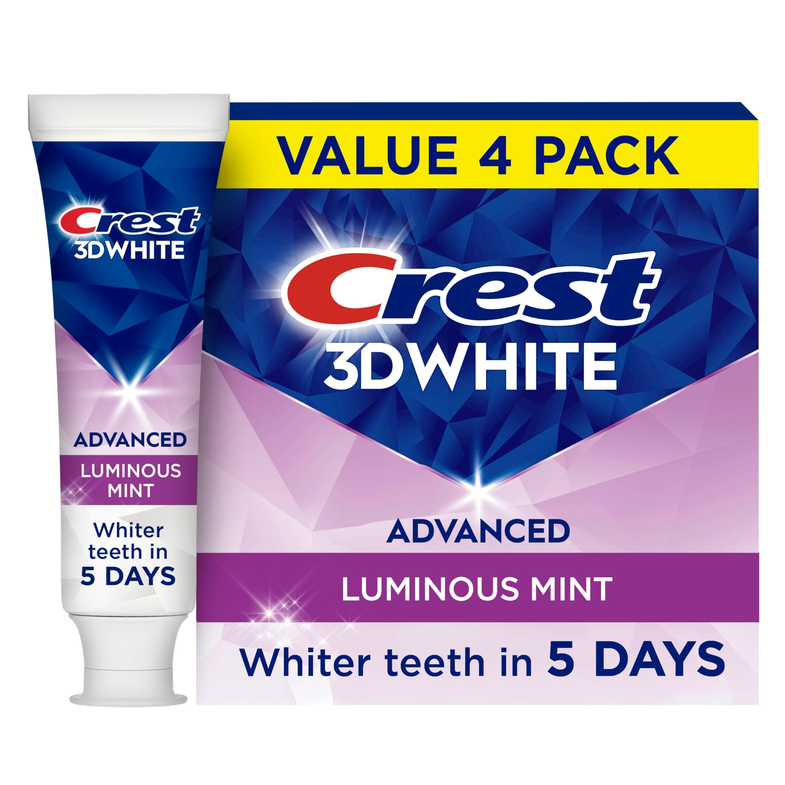3D White Toothpaste, Advanced Luminous Mint, Teeth Whitening Toothpaste, 3.7 Oz (Pack of 4)
