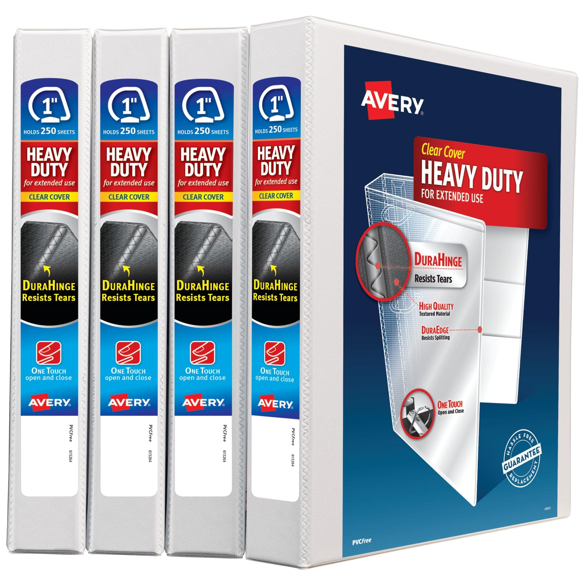 Heavy Duty View 3 Ring Binders, 1" One Touch Slant Ring, 250-Sheet Capacity, 1.4 Inch Wide Spine, Great for Home, School Supplies, Office, or Organization Needs, White Binders (4-Pack of 79780)