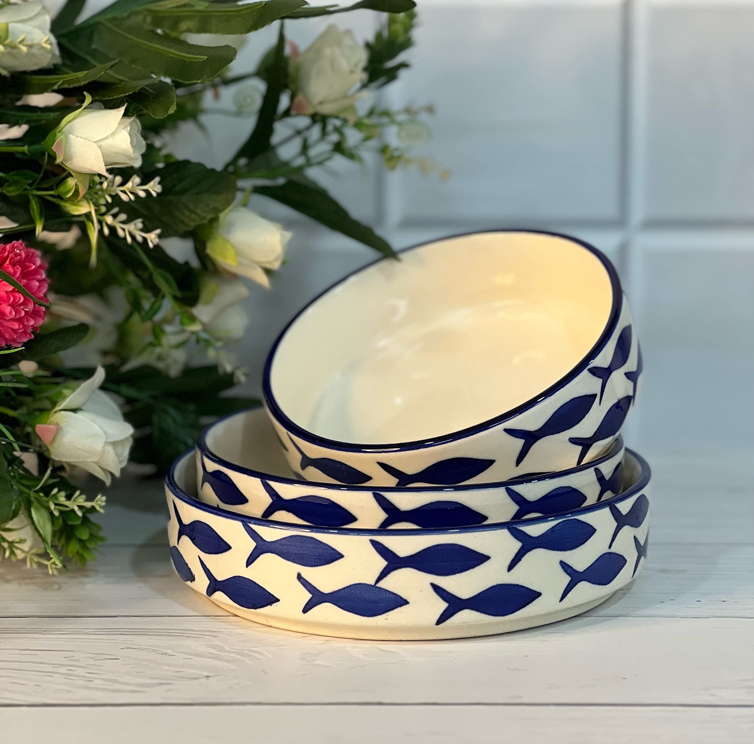 Premium Ceramic Salad Bowl - Deep Ceramic Plates- Serving Snacks Plate/Platter - Set of 3- Different Sizes (5.5 inch, 6.5 inch, 7.5 inch), Blue Fish Pattern | Wedding Gift for friends