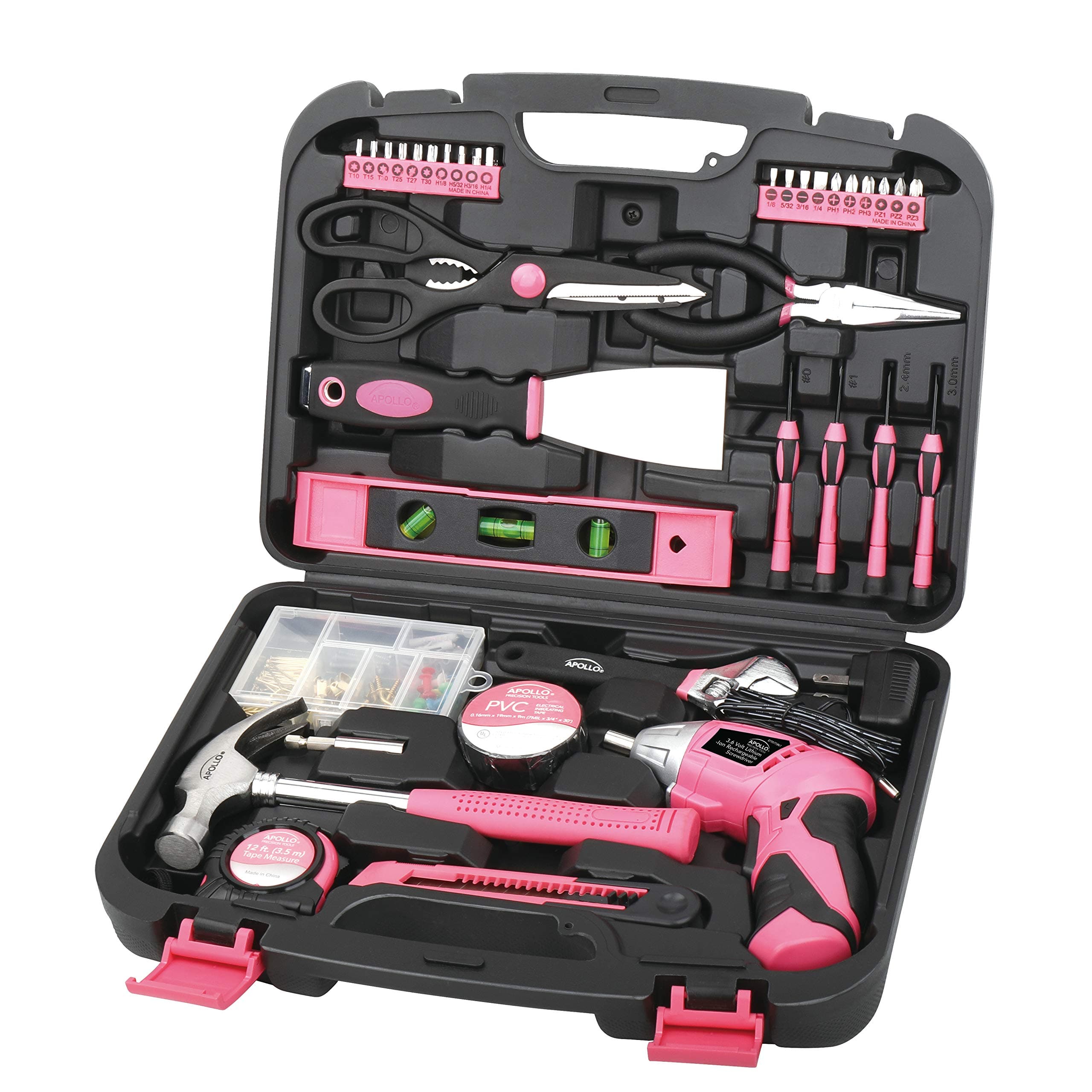 Apollo Tools 135 Piece Household Pink Hand Tools Set with Pivoting Dual-Angle 3.6 V Lithium-Ion Cordless Screwdriver - DT0773N1