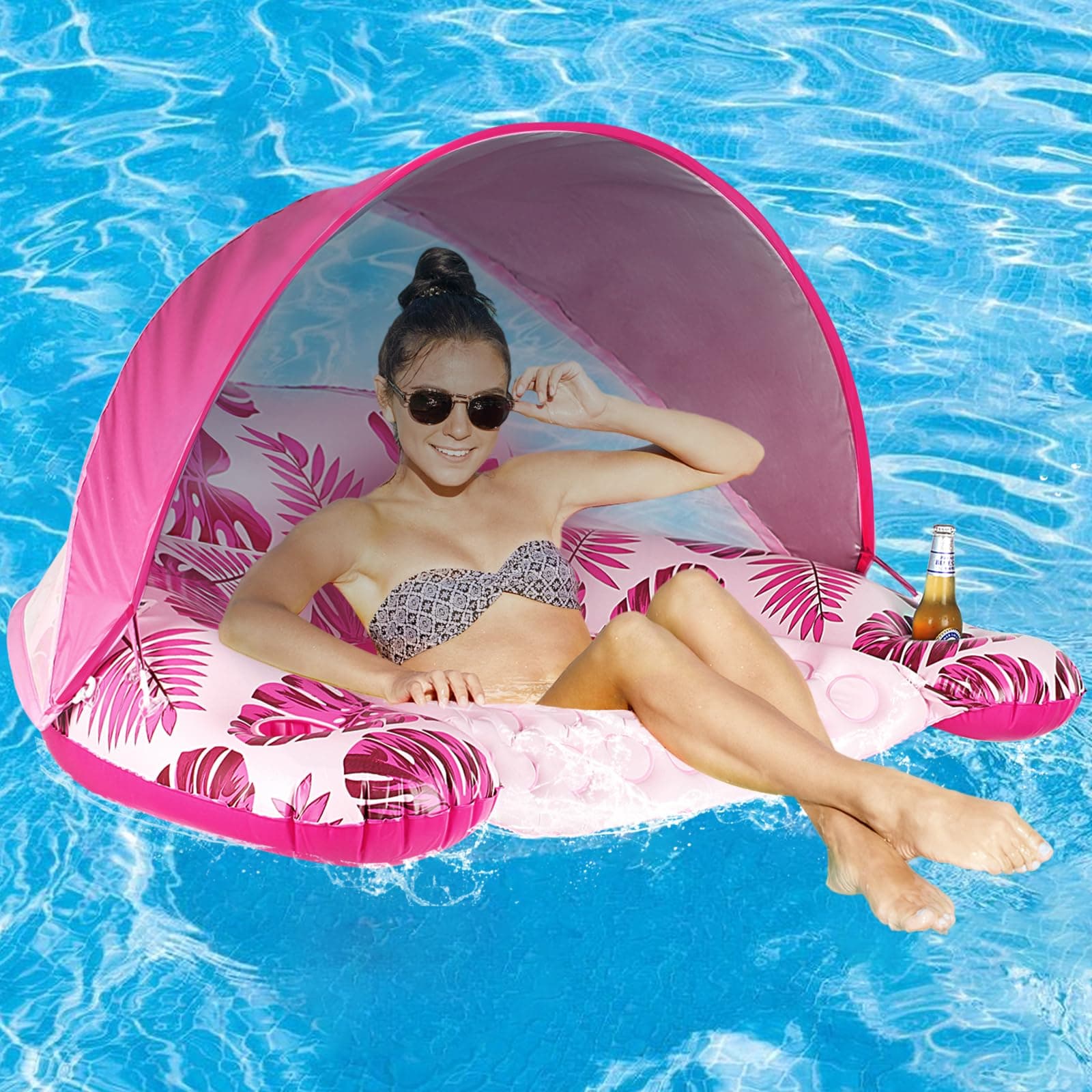 Pool Float with Canopy, Cup Holder - XL Pool Chair Lounge Float with Adjustable Sun Shade Cover, Drink Holder, Ergonomic Headrest,Inflatable Pool Float for Adults