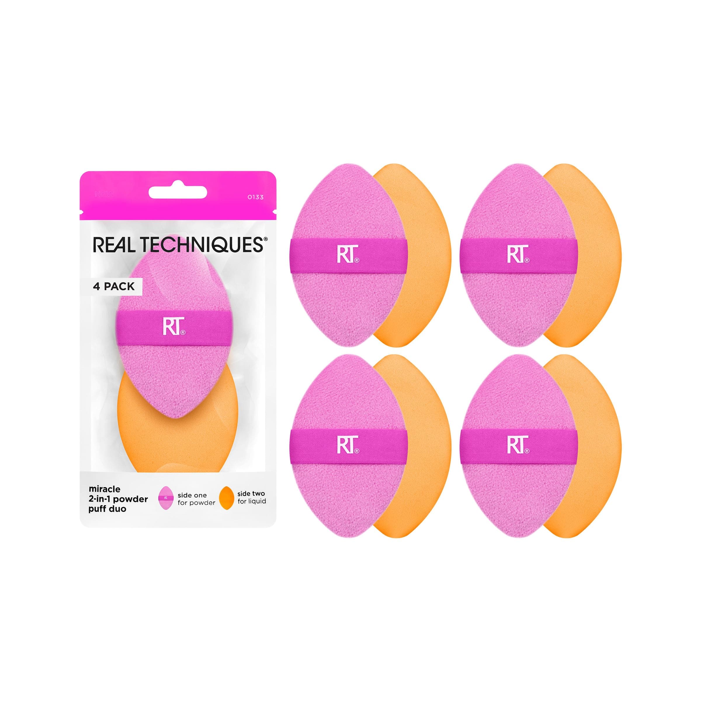 Real Techniques 4 Pack Miracle 2-In-1 Powder Puffs, Dual-Sided Makeup Blending Puff, Reversible Elastic Band, Precision Makeup Sponge & Powder Puff, For Liquid, Cream & Powder Products