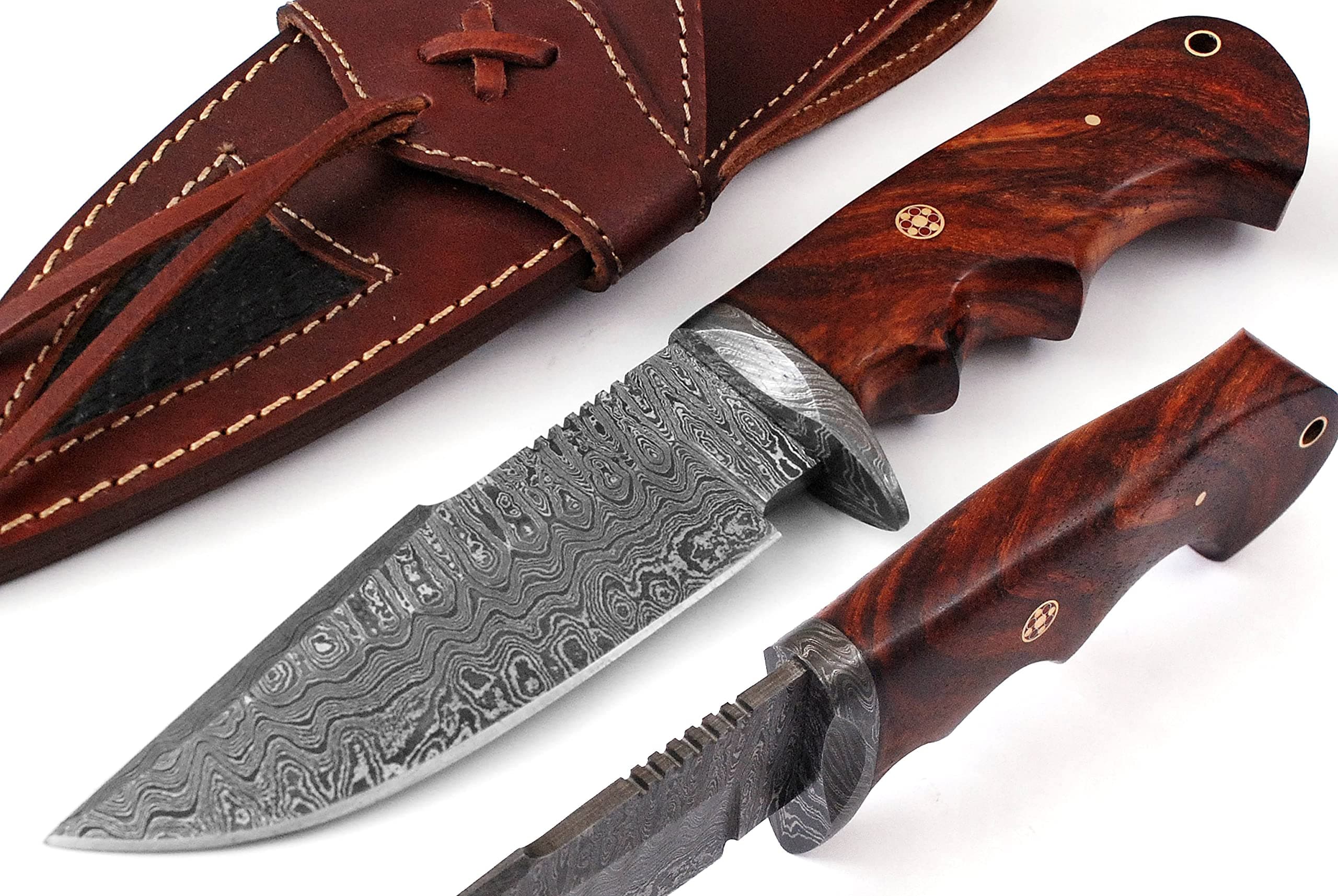 Baig 920 Damascus Fixes Blade Knife Custom Handmade Damascus Knife Steel with Rose Wood Handle Outdoor Camping Bowie Hunting Knife with Leather Sheath 920