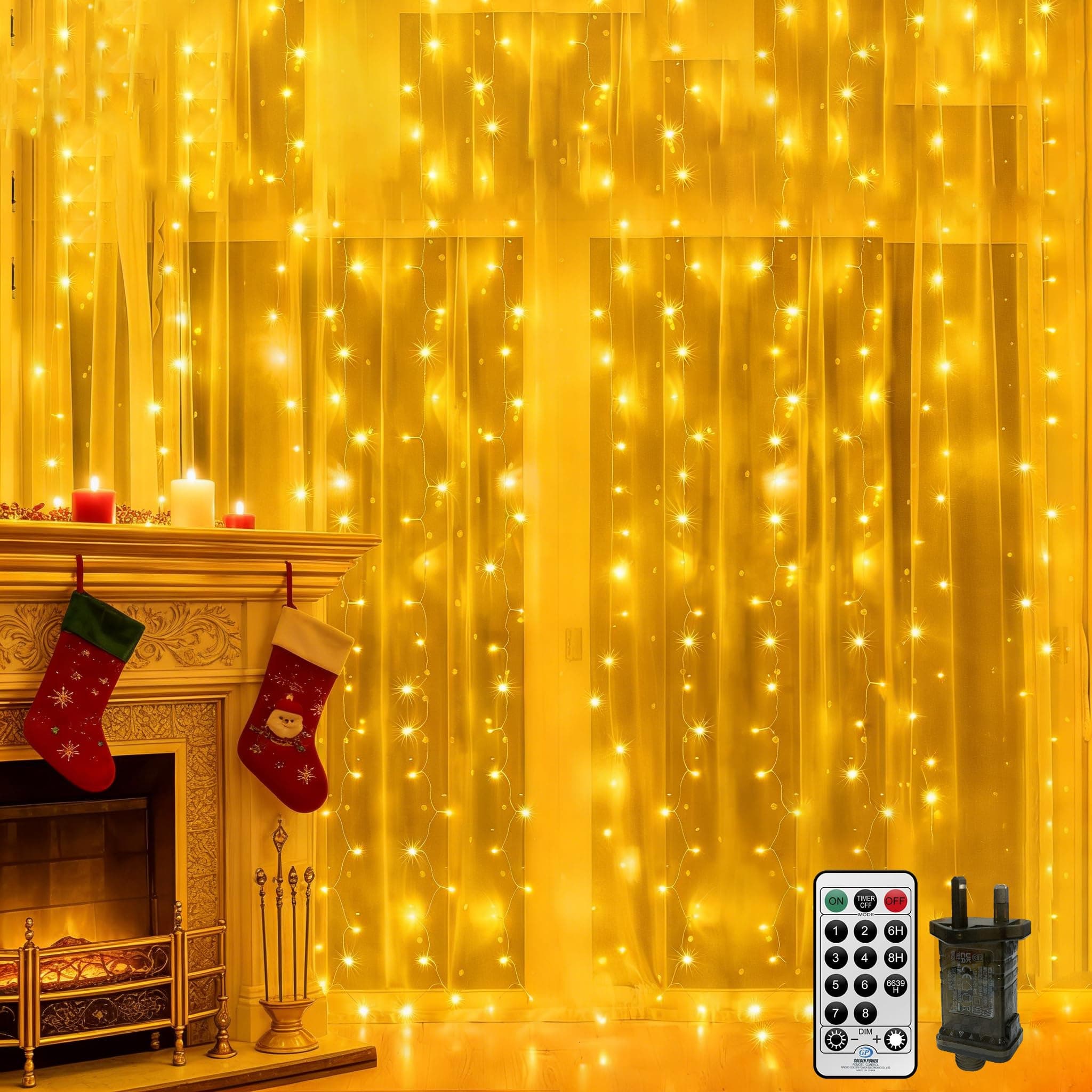 2MX2M Curtain Lights Plug in, 204LED Window Curtain Light Backdrop Indoor Fairy Lights for Room,Hanging Waterfall Light with Remote Timer,Linkable,Waterproof for Wall Gazebo(Warm White)