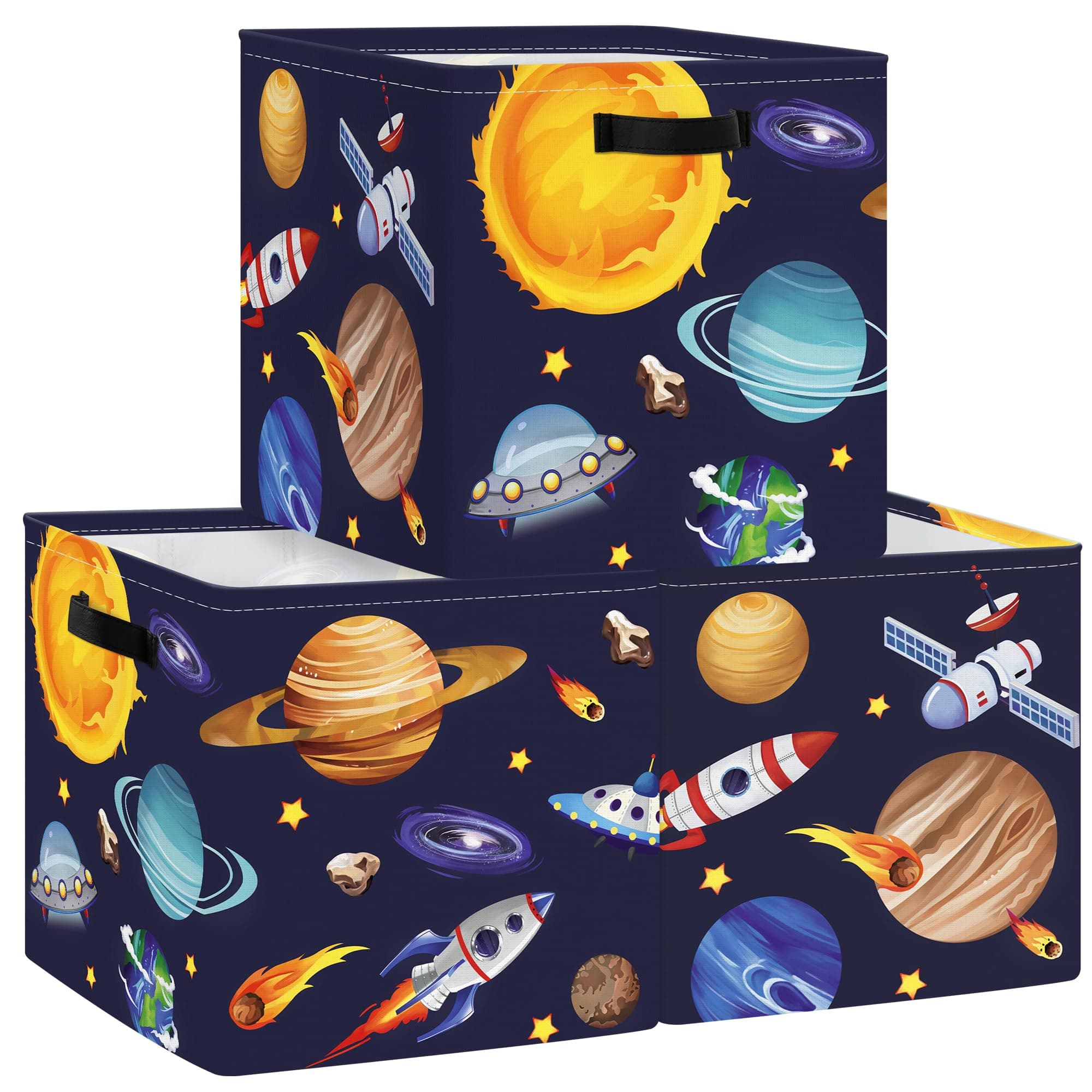Clastyle 3 pcs Cosmic Space Cube Storage Unit Boxes Stars Kallax Box for Shelves Parents Storage Baskets for Book Clothes Toy Organizer, Solar System, 11.8x11.8x11.8 in