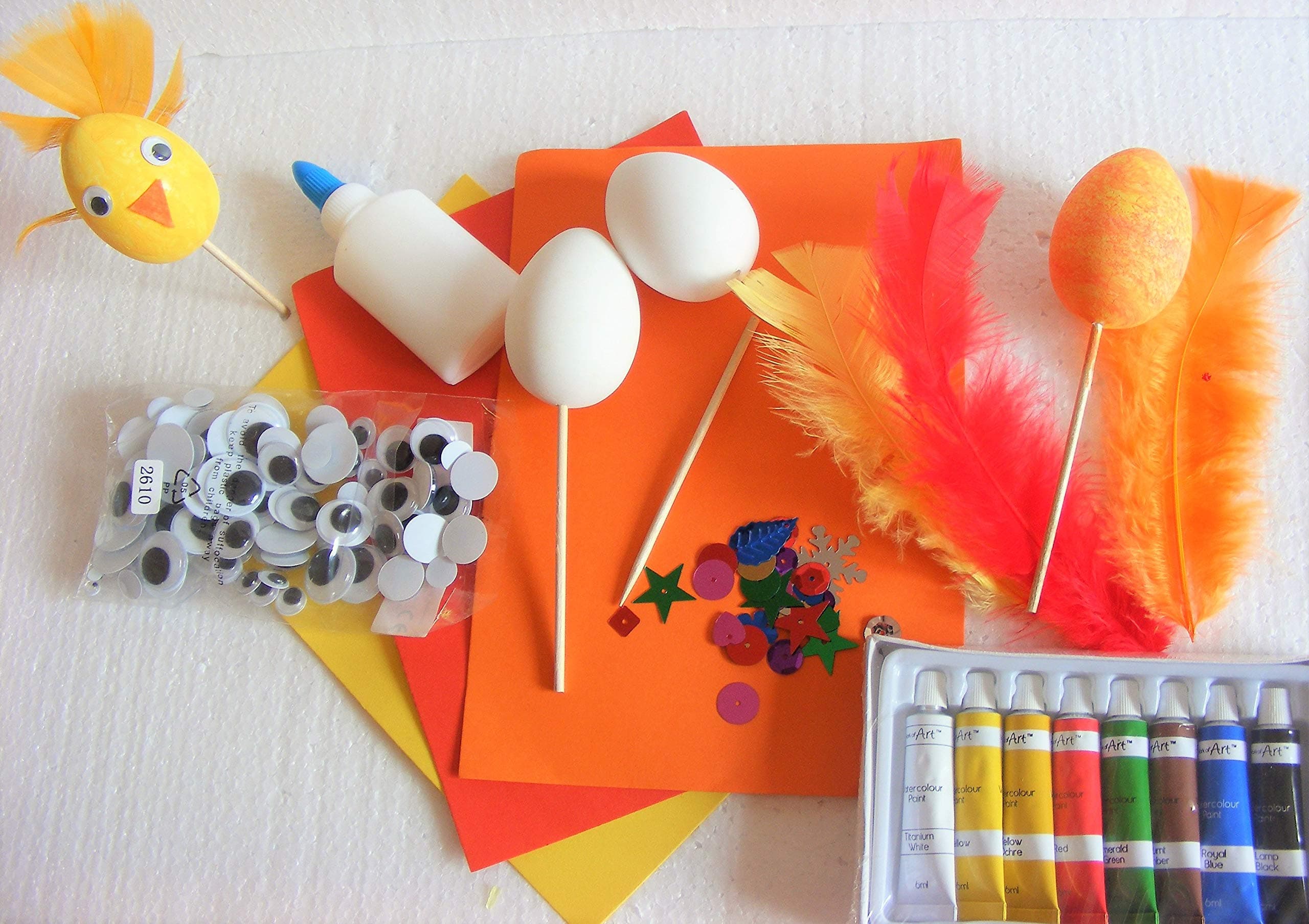 2to5Childrens DIY Easter Egg Craft Kit 4 x 6cm Eggs on sticks to Paint & Decorate ~ Paints glue feathers wiggly eyes coloured card & sprinkles included
