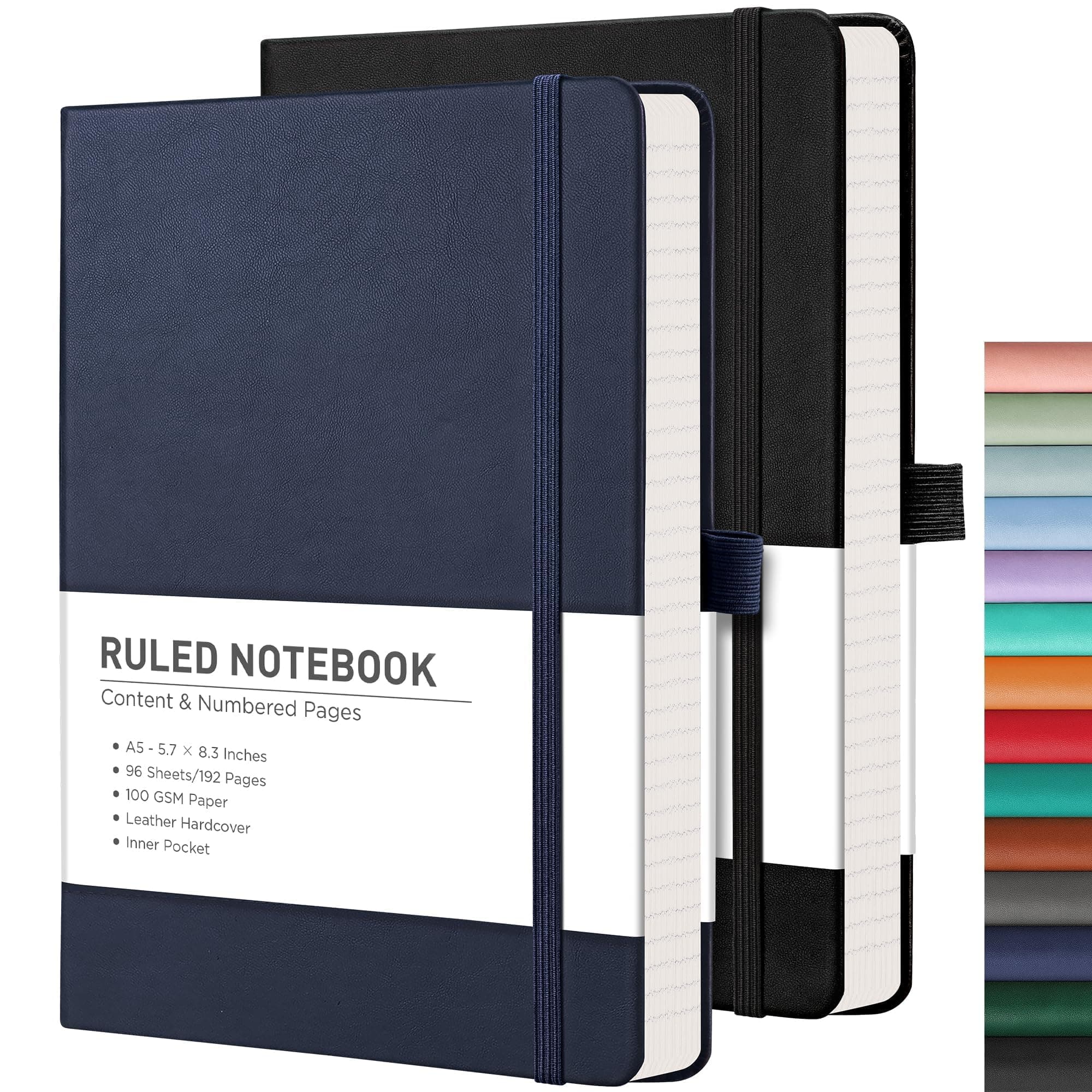 RETTACY Notepad A5 Lined 2 Pack - Leather Journal with 376 Numbered Ruled Pages, Hardcover Notebook,2 Free Sticky Notes Divider,8 Perforated Sheets, Pen Loop, Inner Pocket, 14.5 x 21cm(Black Blue)
