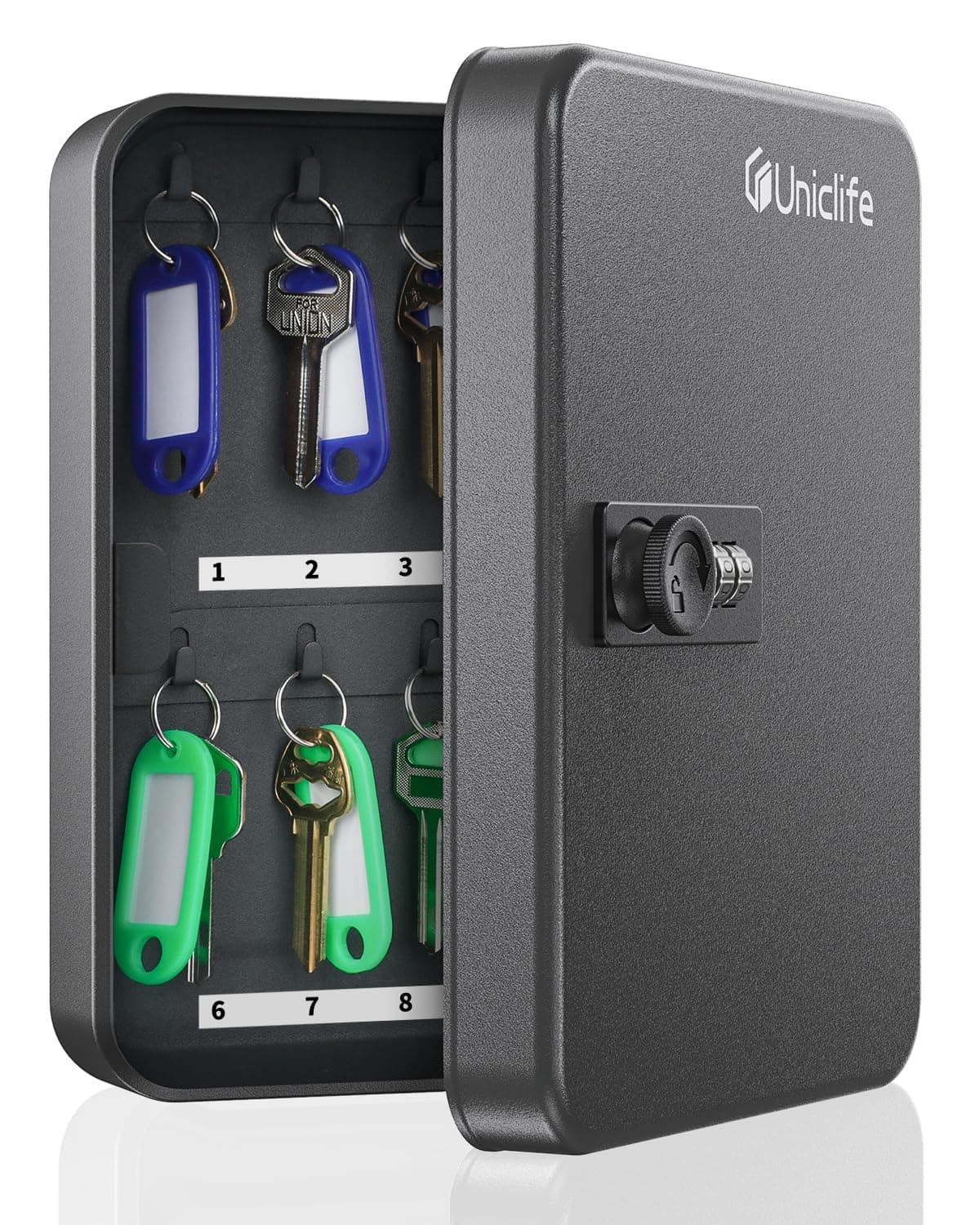 Uniclife 20 Position Key Cabinet with Combination Lock Resettable Black Digital Security Storage Box Steel Key Organizer with Colorful Key Tag Labels Stickers and Hooks
