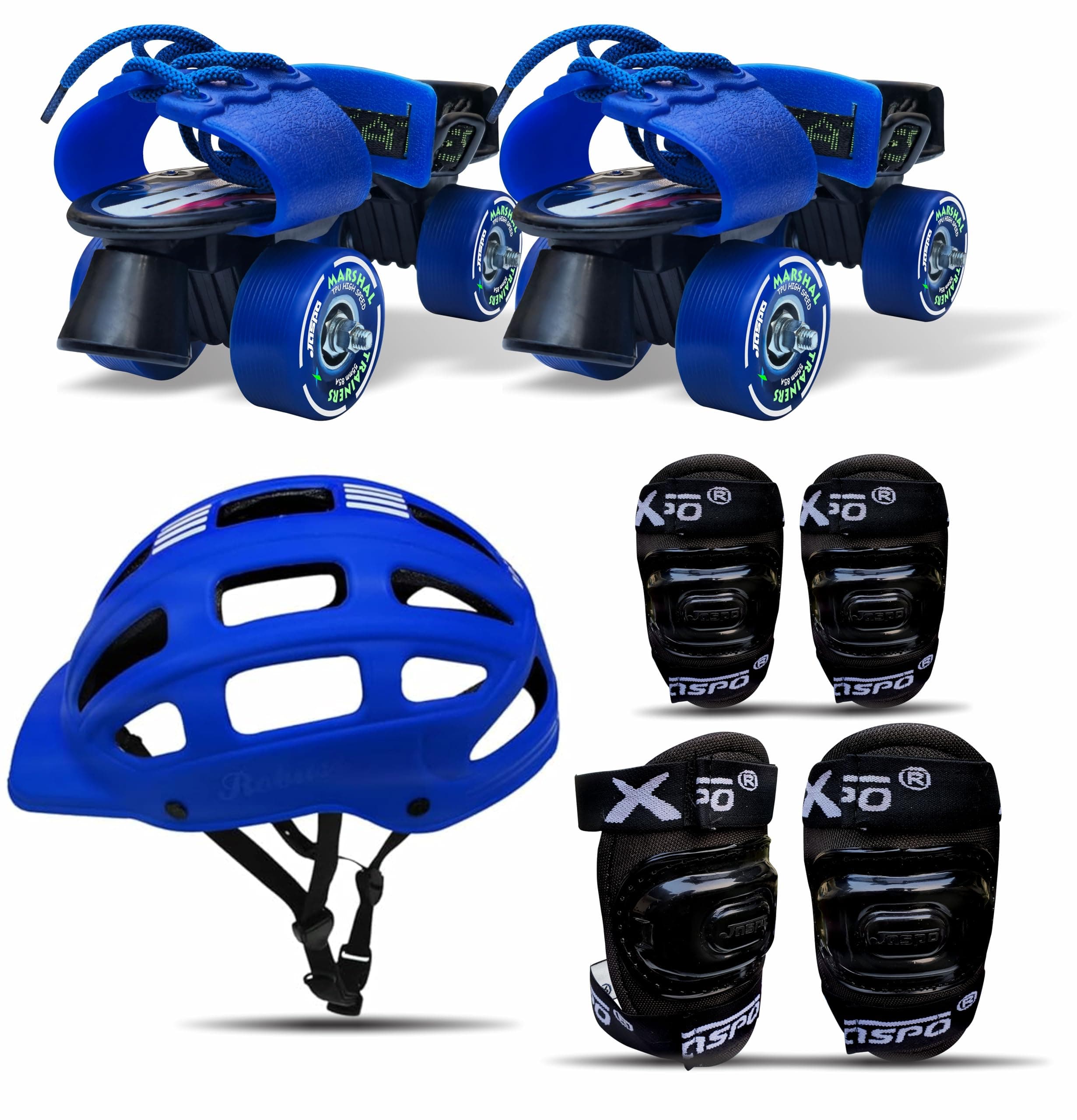 - jaspo Unisex Marshal Trainers Adjustable Inline_Skate_Wheel Roller Skates Combo (Skates + Helmet + Knee Guards & Elbow Guards) - for Age Groups 6 to 14 Years | Academy & School Level Skating, Blue