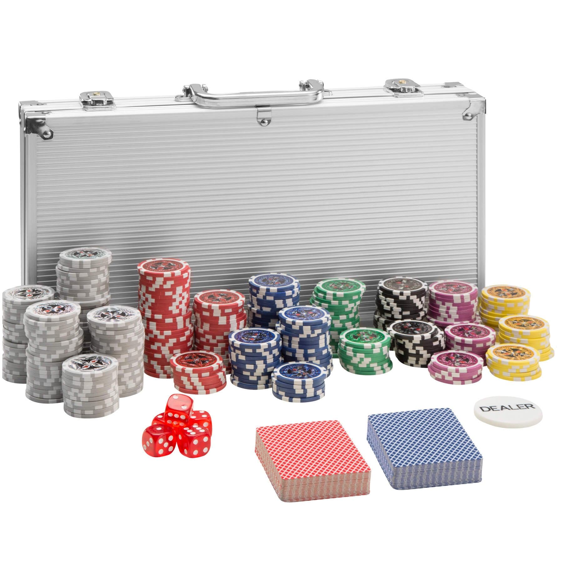 TecTakeComplete Poker Set with 300 Coloured Chips, Incl. 2 Decks of Playing Cards, 5 Dice & 1 Dealer Badge, Lightweight Poker Chips Set with Lockable & Portable Aluminium Carry Case - Silver