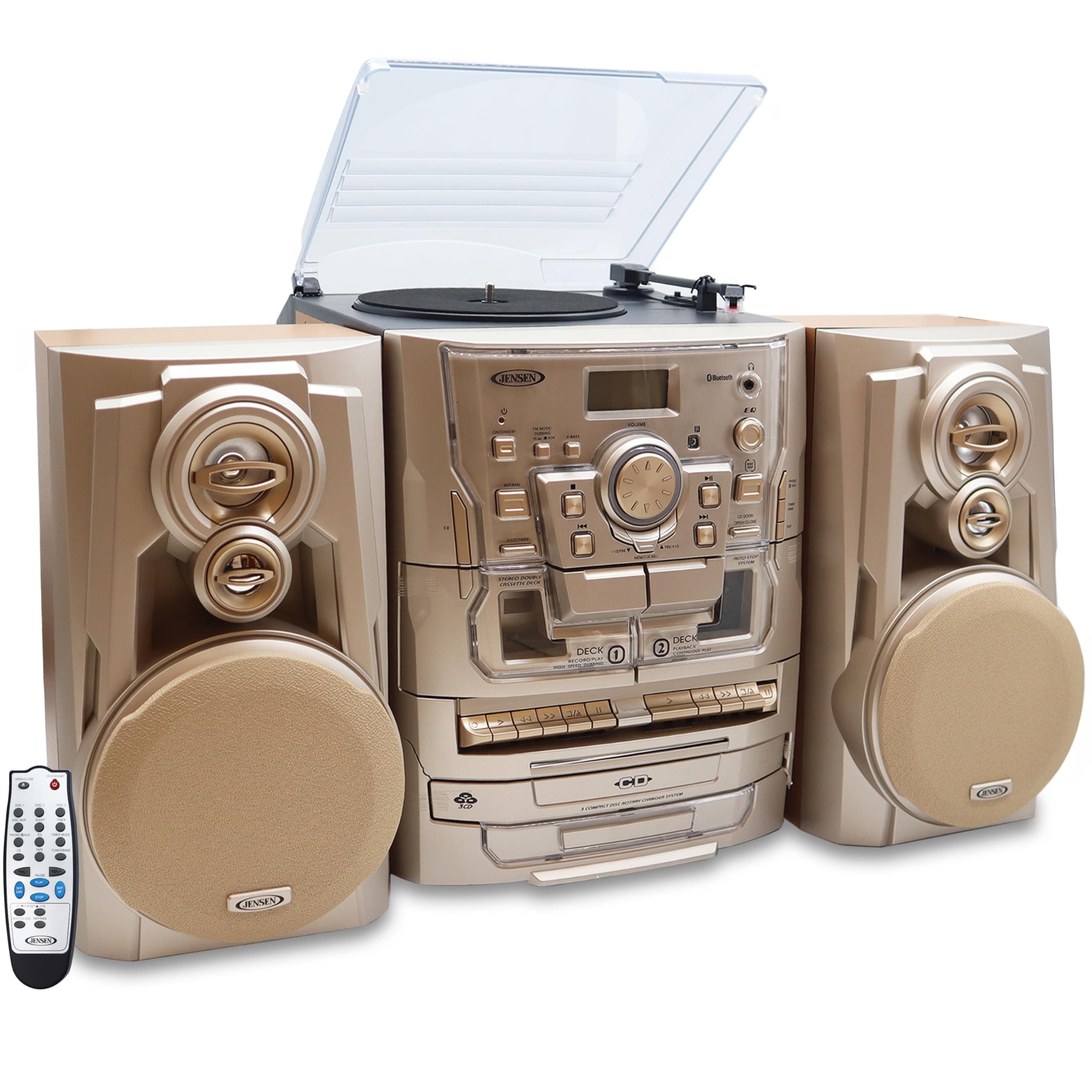 Jensen® Bluetooth® 3-Speed Turntable CD Player Home Stereo System and Digital AM/FM Radio Tuner 3 CD Changer Music System, Dual Cassette Deck, Stereo Record Player with Remote Control, Gold