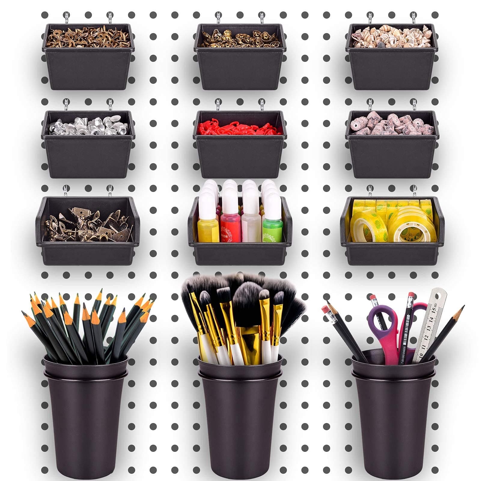 Pegboard Bins PegBoard Cups with Hooks & Loops 12 Pack Set, Peg Hooks Assortment Organizer Accessory, Various Tools Storage Arrange System Kit, for Garage Craft Workshop Workbench Hobby Office (12)