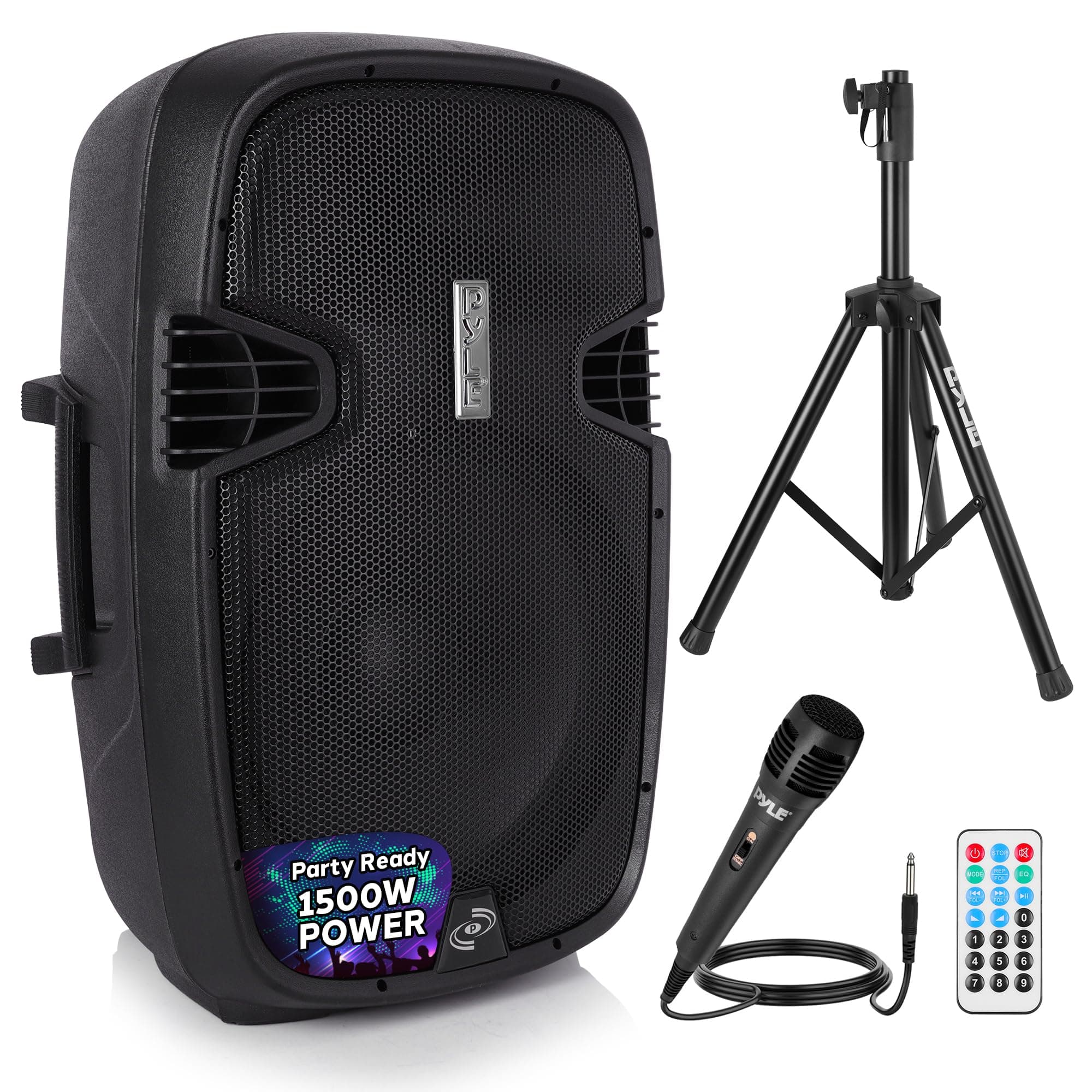 Pyle Portable PA Speaker System - 1500W Active Bluetooth Loudspeaker w/ 15" Subwoofer for Powerful Bass, Clear Sound - USB/SD/MP3/RCA/XLR Inputs - Includes Stand, Wired Microphone, Remote (Black)