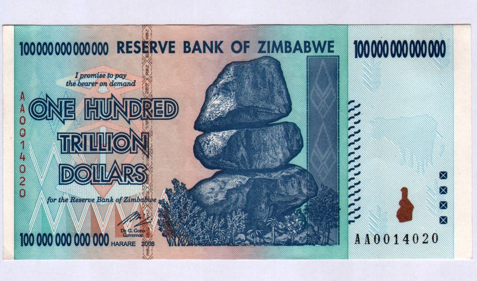 Zimbabwe 100 Trillion Dollar EXTREMELY LOW Serial AA001. Note Bill Money Inflation Record Currency Banknote by Zimbabwe Central Bank