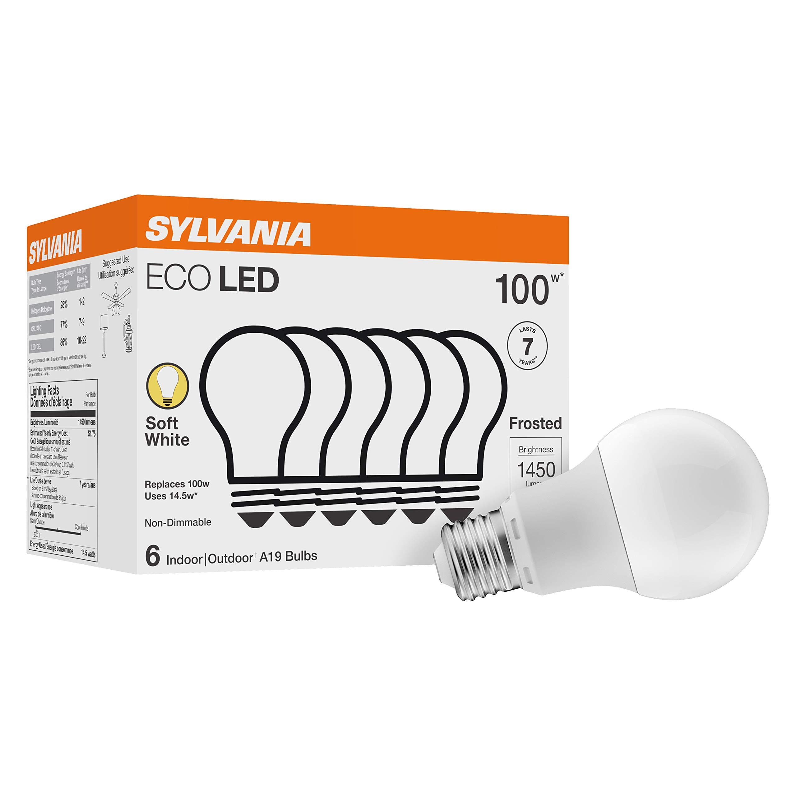 Sylvania ECO LED A19 Light Bulb, 100W Equivalent, Efficient 14.5W, 7 Year, 1450 Lumens, Non-Dimmable, Frosted, 2700K, Soft White - 6 Pack (40885)