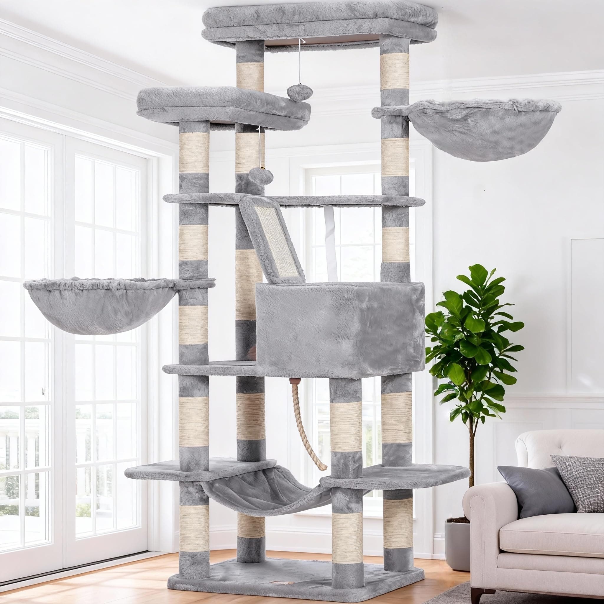 Heybly Cat Tree, 68 inch Multi-Level Cat Tower for Indoor Cats, 2 Widened Plush Perches Cat Condo with Scratching Board and Big Caves, Light Gray HCT025W