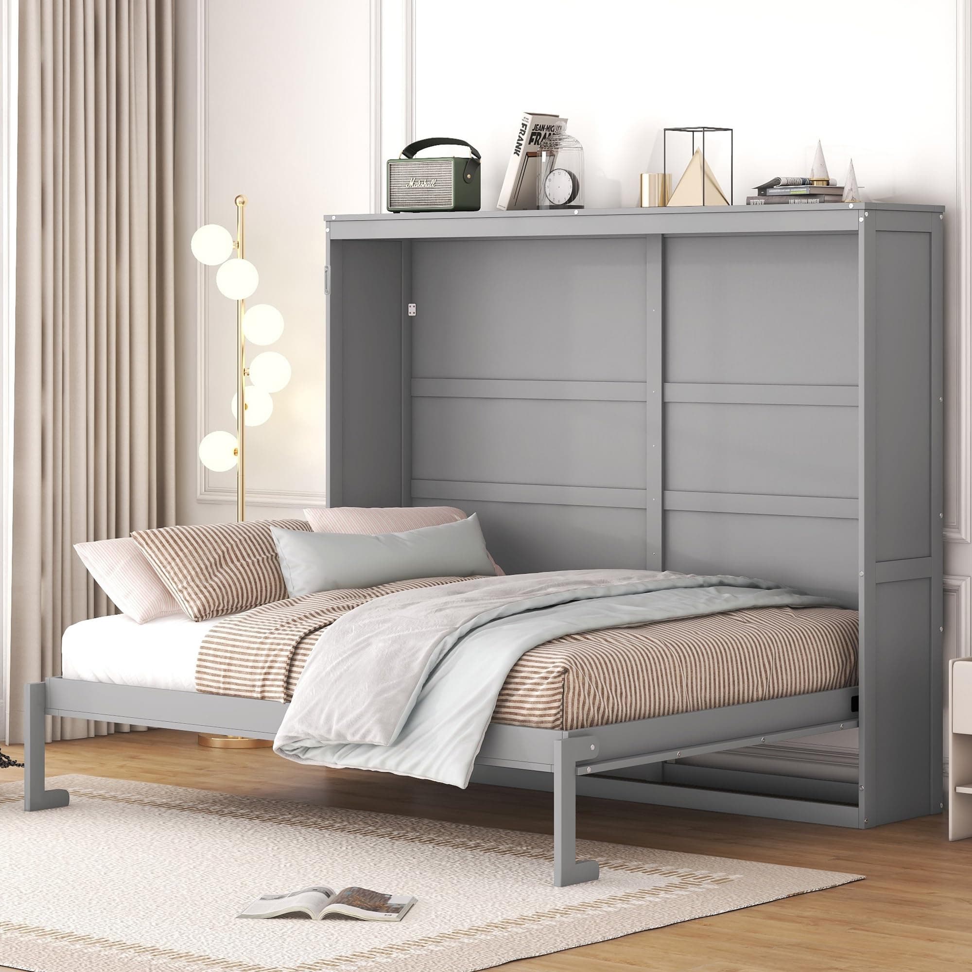 Queen Size Murphy Bed Frame, Foldable Cube Cabinet Queen Platform Bed, Modern Murphy Bed, Space-Saving Wall Bed for Guest Room or Home Office, No Box Spring Needed, Noise Free (Grey)