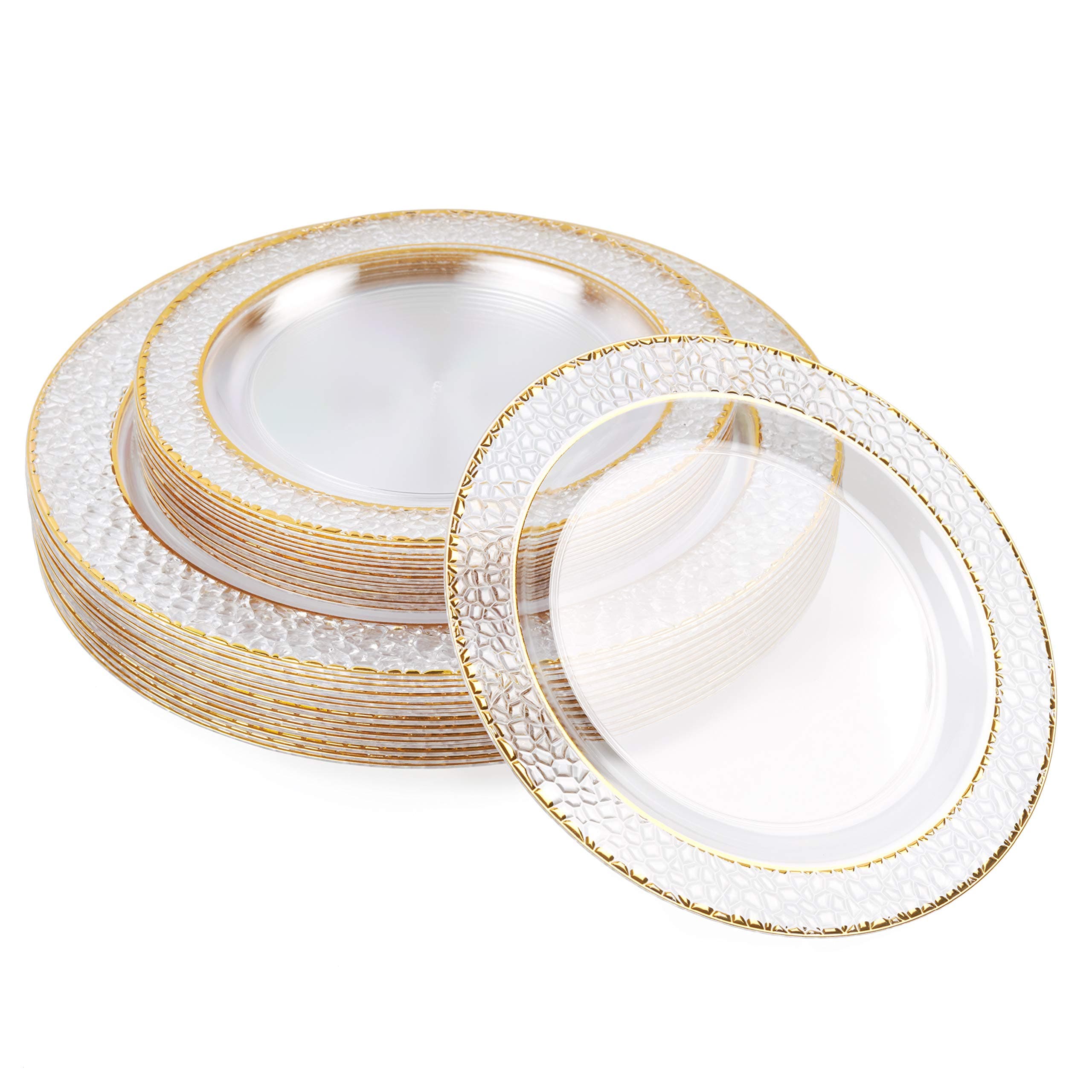 40 Pack Clear Gold Plastic Plates – 20 Dinner Plates 10in + 20 Dessert Dinnerware 7.5in – Reusable Plastic Party Plate, Elegant Disposable Plate for Weddings, Events, Birthdays, Catering & More