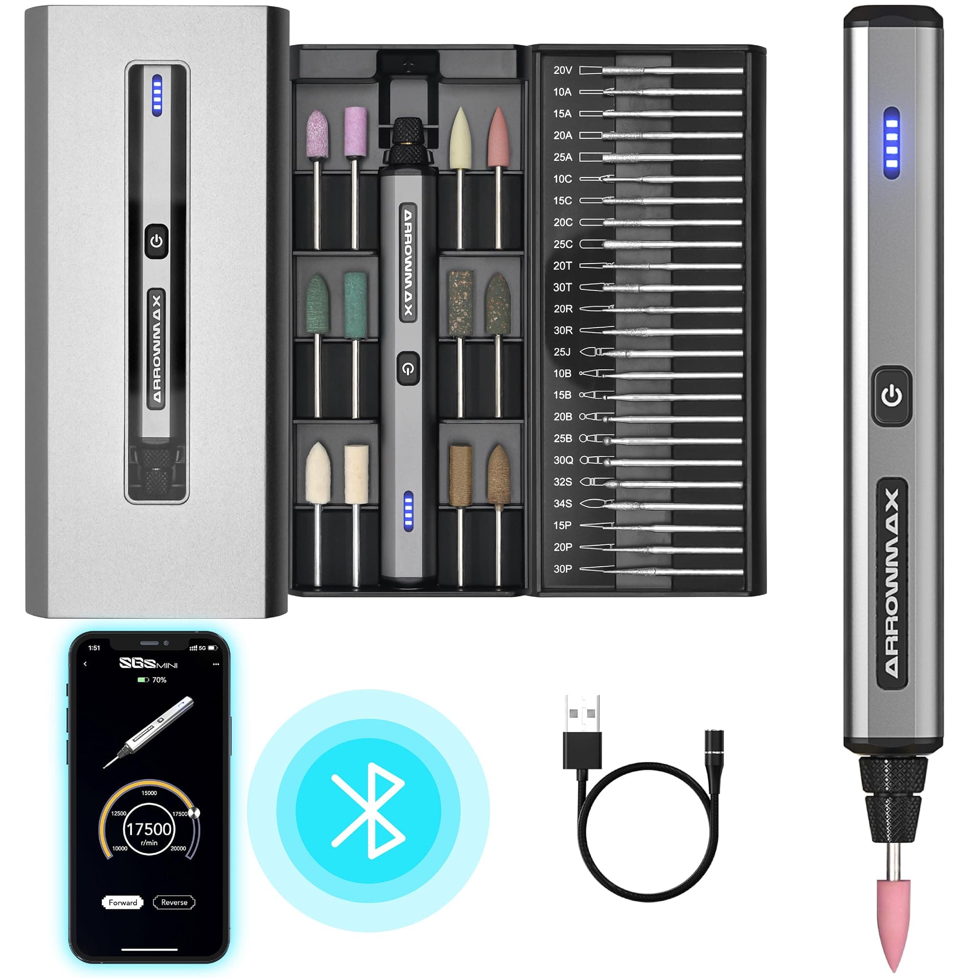 ARROWMAX Mini Cordless Rotary Tool, USB Magnetic Charge Tool Kit Swap-able Heads ,Bluetooth, APP, CNC Aluminum Case, Multi-Purpose Power Sanding ,Polishing ,DIY Crafts (SGS Mini), Space Gray