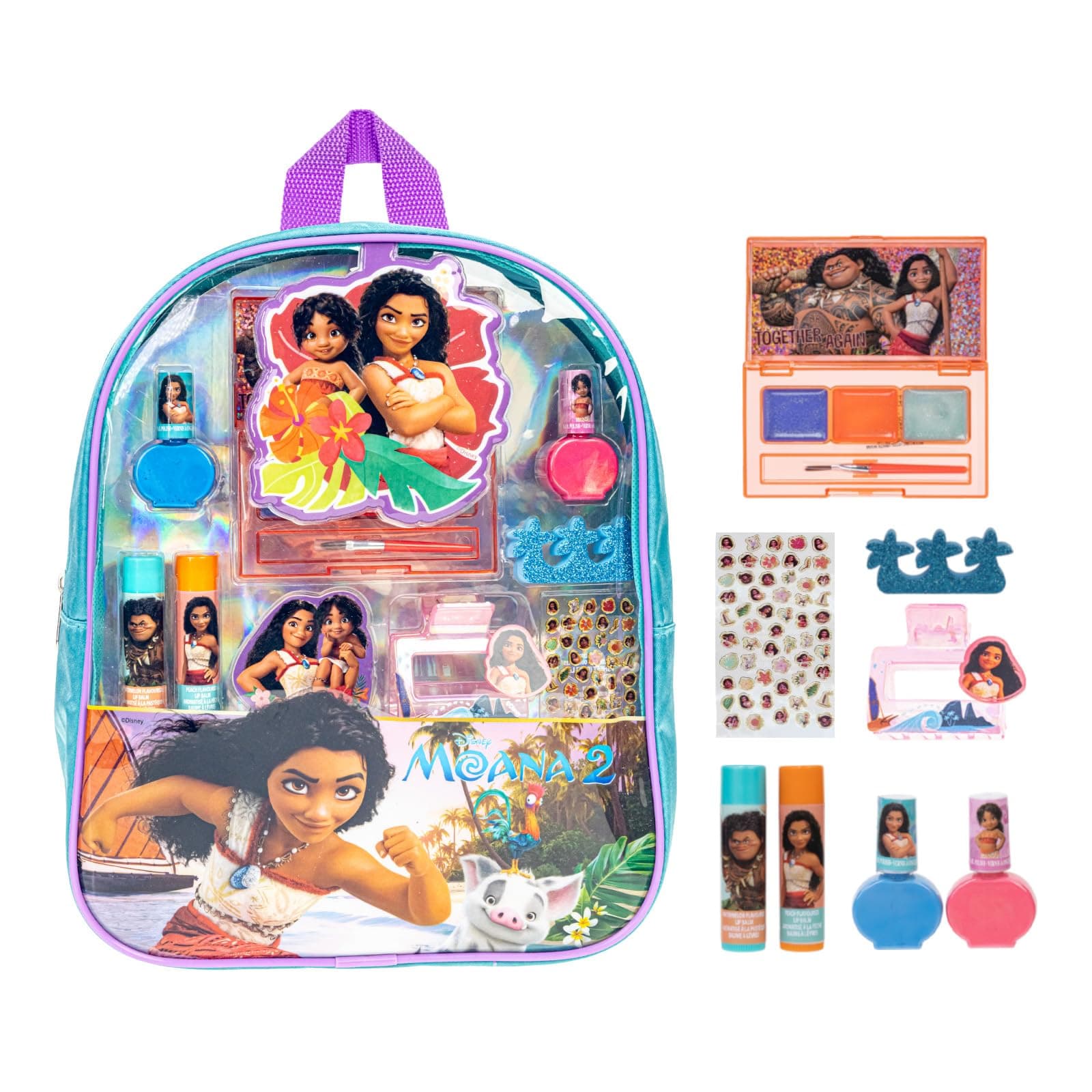 Disney Moana 2 Makeup Filled Backpack Set, Including Lip Balm, Nail Polish, Nail File, Jaw Clip, Perfect for Parties, Sleepovers and Makeovers, Ages 3+, By Townley Girl