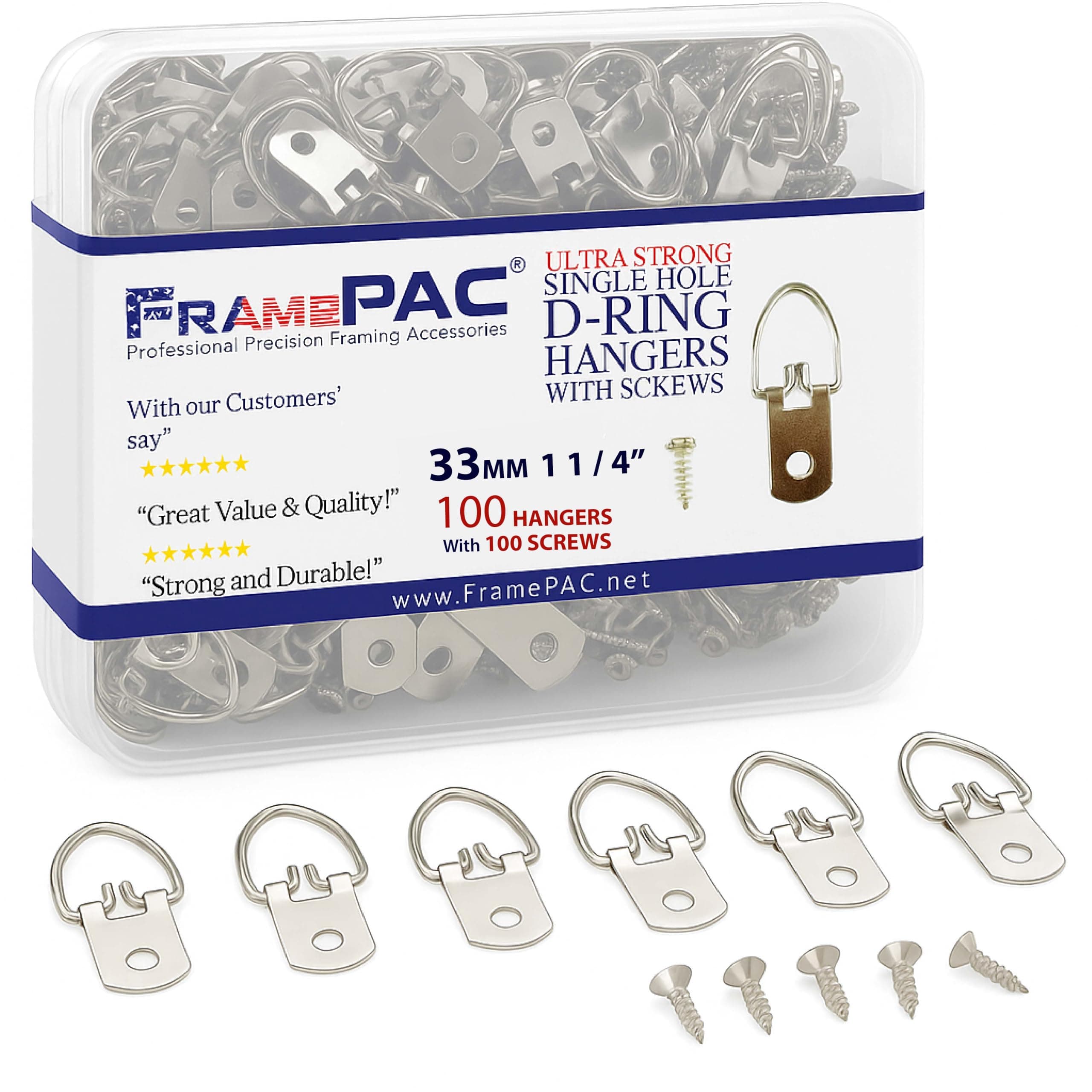 D Ring Picture Hangers with Screws - 100 Pack - Bulk D Rings - Pro Quality Hangers - Picture Hanging Solutions