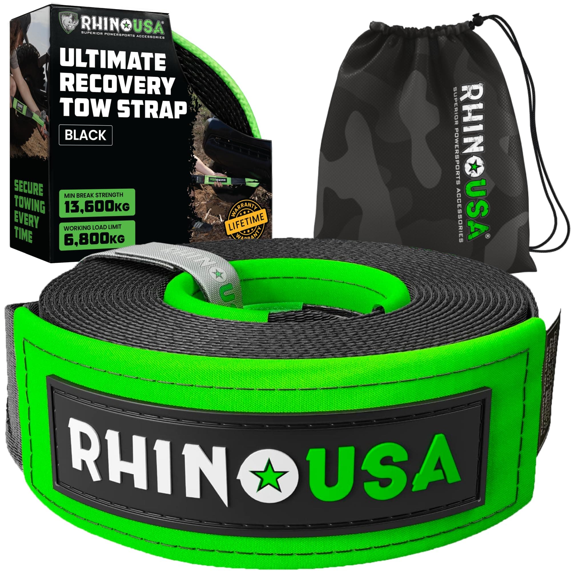 Rhino USA Recovery Tow Strap (7.6 cm x 6.1 m) - 13,600 kg Break Strength - Emergency Recovery Strap Tow Rope for Truck, UTV, ATV & More - Heavy Duty Towing Strap for Offroad 4X4 Use - Black