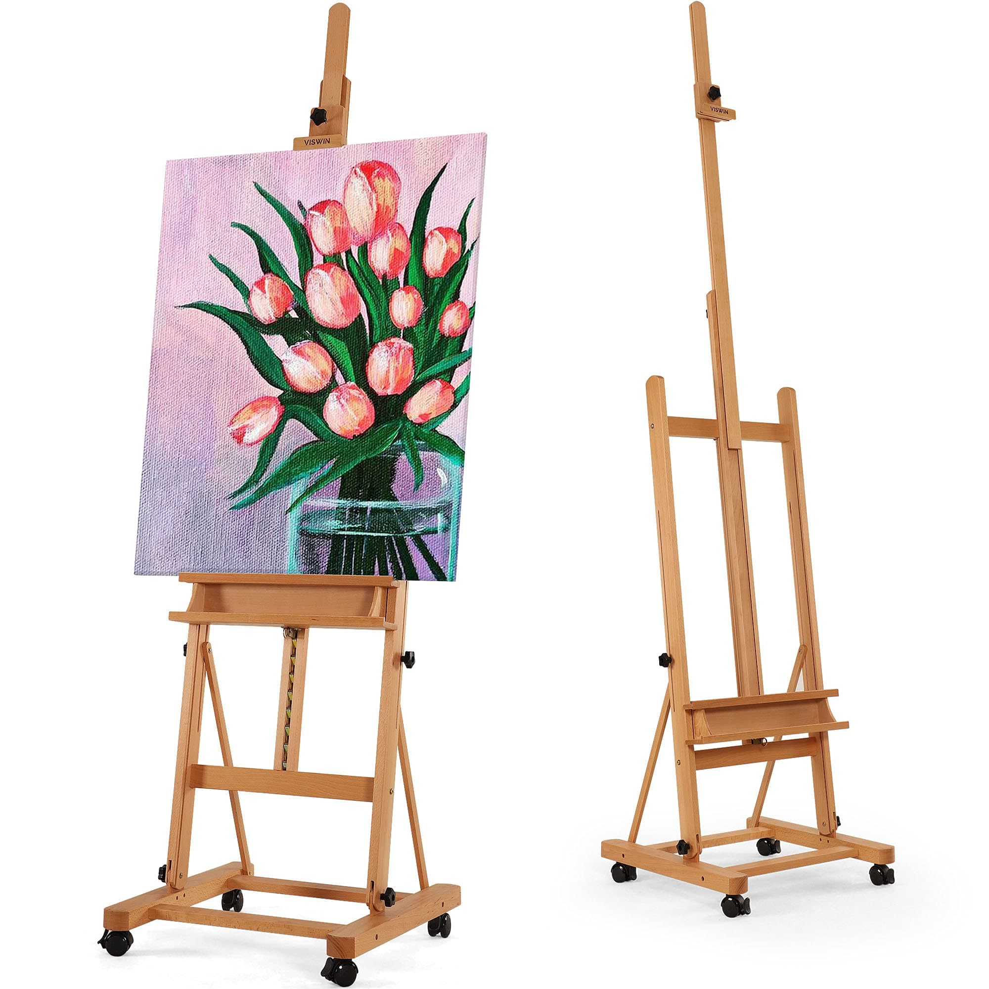 Beechwood H-Frame Studio Easel with Adjustable Height & Brake Wheel, Large Artist Easel, Holding Canvas Up to 92.5"-Natural