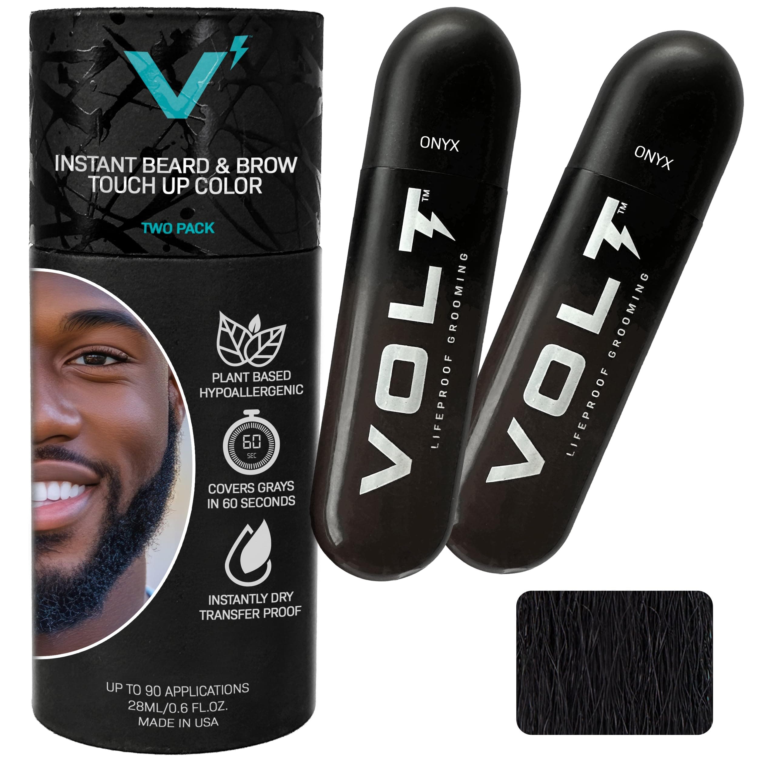 VOLT Grooming Temporary Instant Beard Color for Men, Quick Drying Plant-Based Brush On Beard, Hair, Mustache & Eyebrow Color, Safe for Sensitive Skin, Onyx Black, 2-Pack Refill, 90+ Applications
