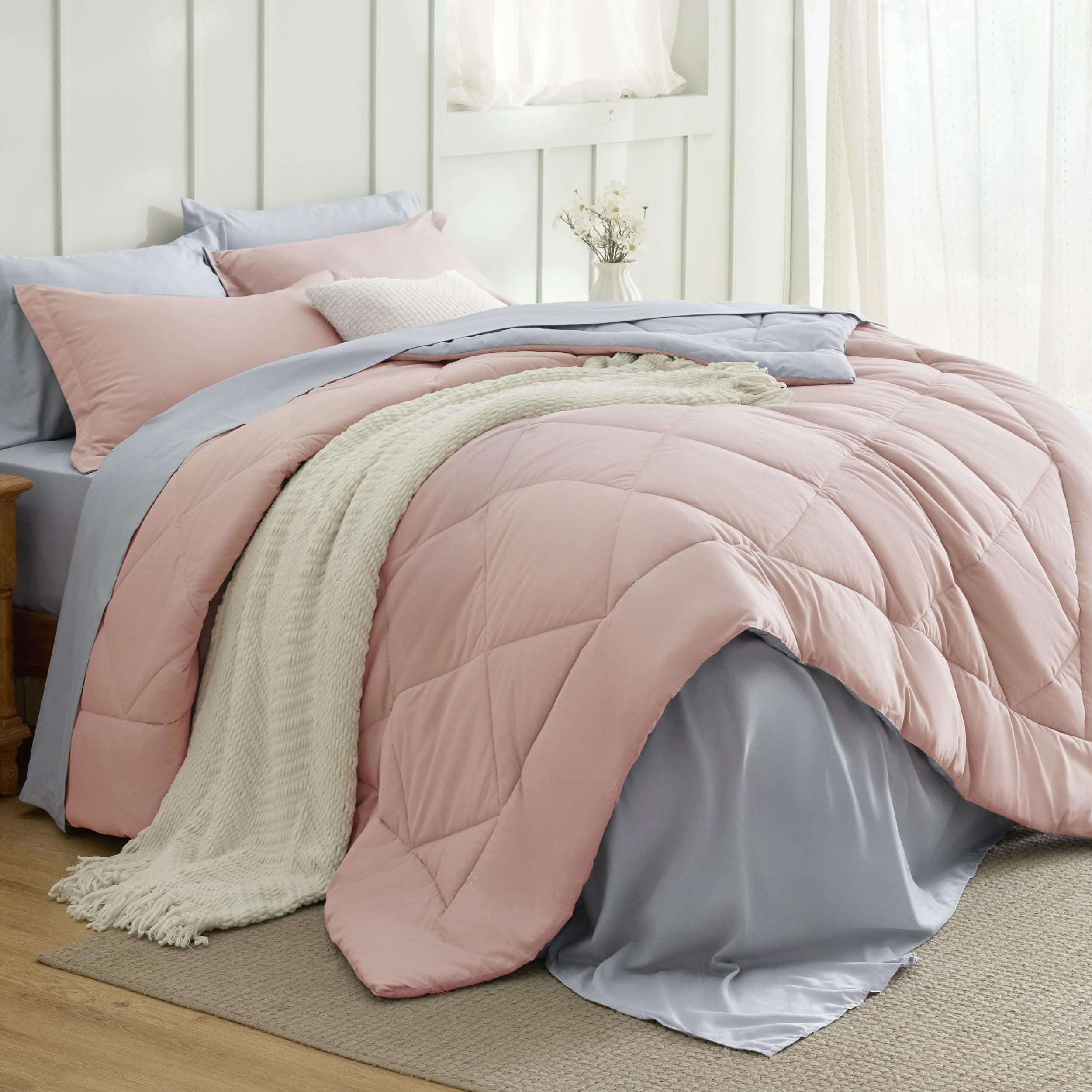 Bedsure Blush Pink Full Size Comforter Set - 7 Pieces Reversible Full Bed in a Bag for Girls Full Bed Set with Comforters, Sheets, Pillowcases & Shams, Peach Pink Full Bedding Sets
