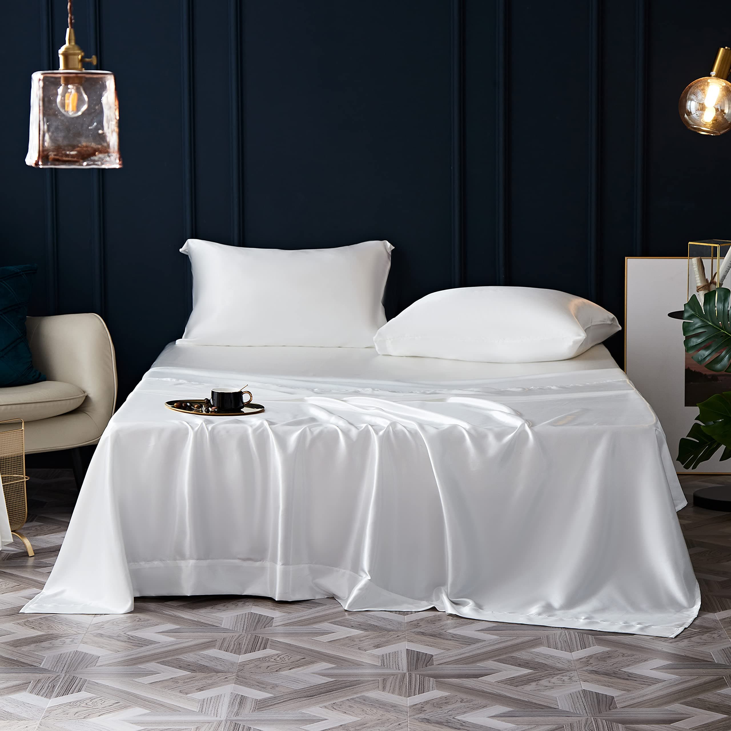 4 Pcs Satin Sheets Full - Luxury Silk Silky Super Soft Extra deep Pocket Full Sheet Sets - Wrinkle & Fade Free - Deep Pocket Fitted Sheet, Flat Sheet, Pillow Cases (White, Full)