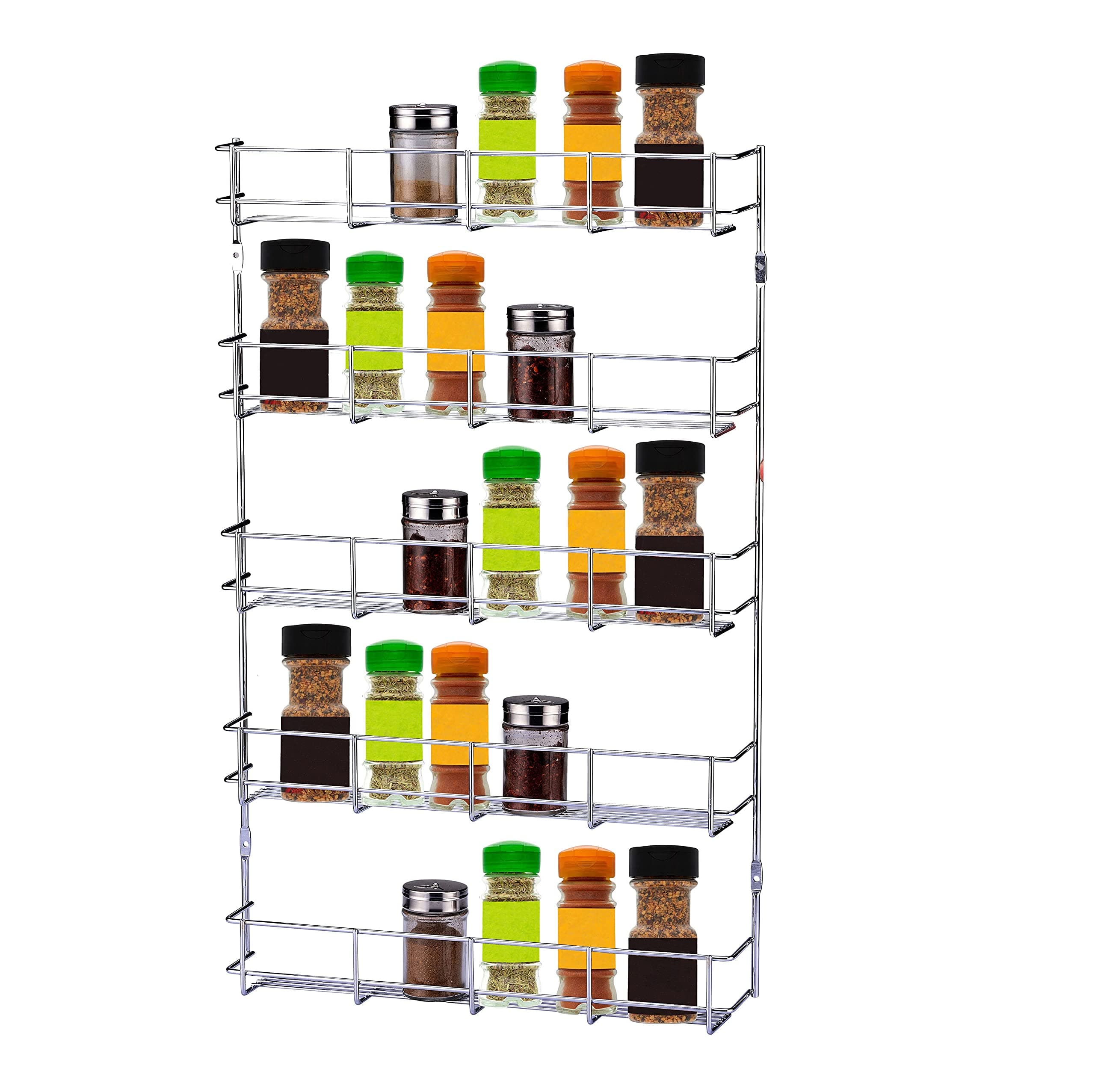 Exzact Spice Rack Wall Mounted or Cupboard Door Fitting (Fixings Included) - Kitchen Herb Jar Shelf Organiser, Pantry Storage Space Saving Unit Door - Chrome Plated (5 Tiers)