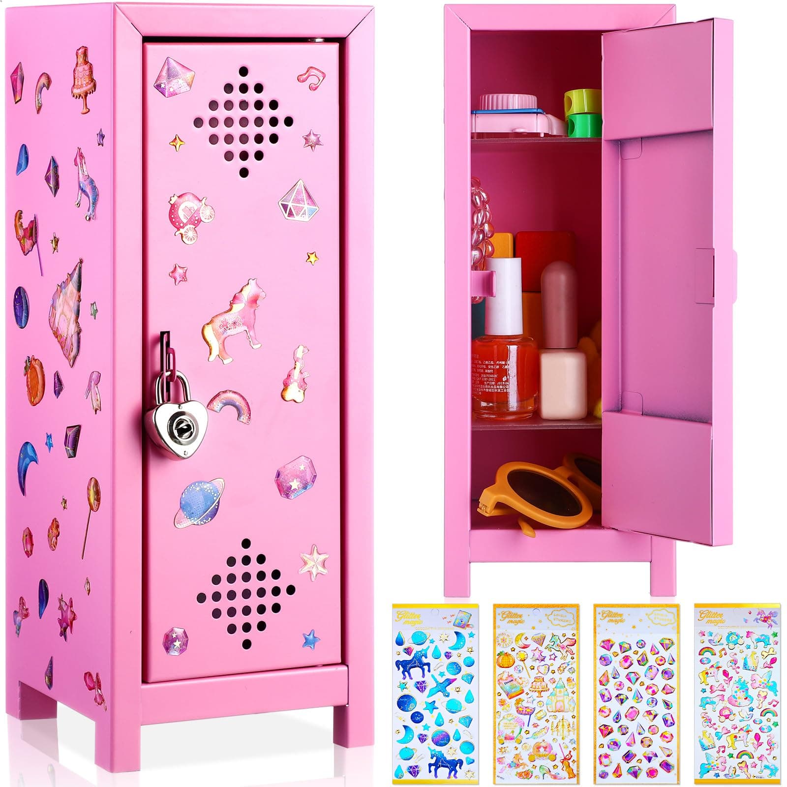 2 Set Pink Mini Locker with Lock and Keys, Stickers 10.8'' Small Locker Miniature Storage Metal Locker for Desktop Bedroom Home Office (Lovely)
